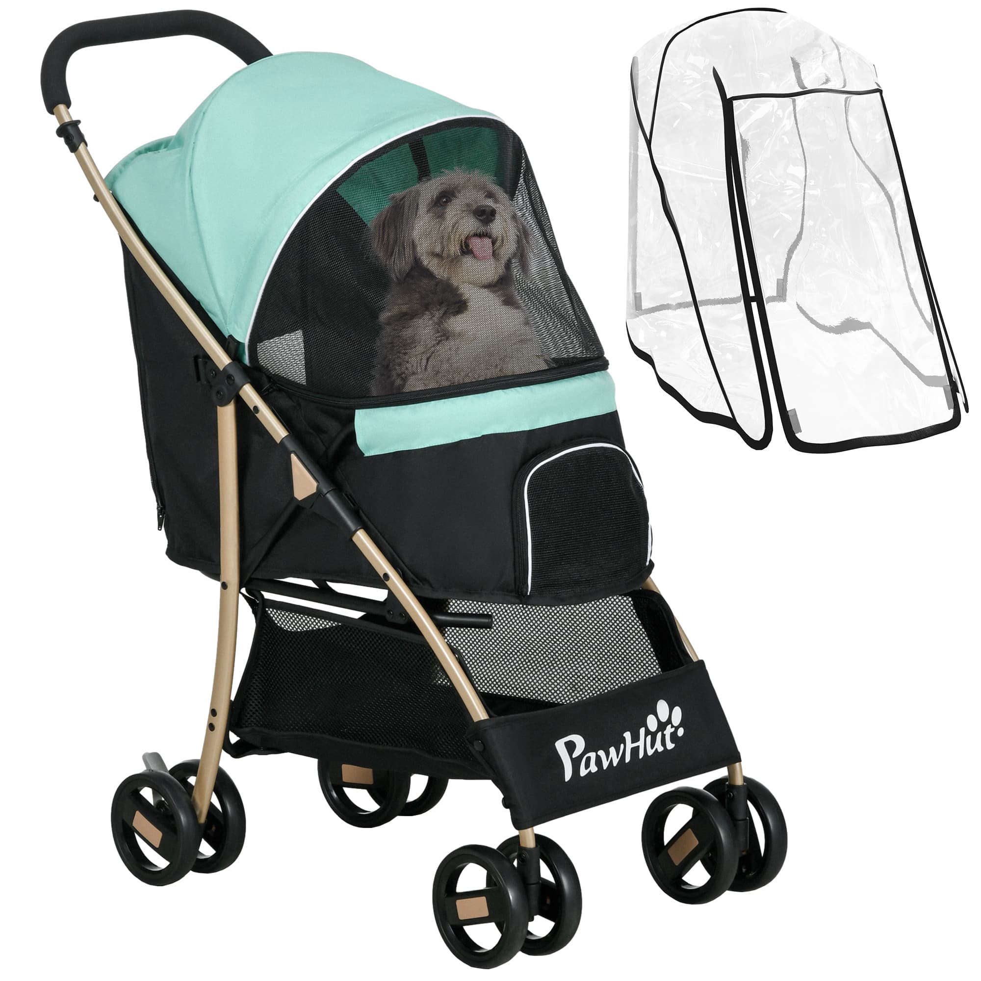 PawHut Pet Stroller for Small Dogs, Durable Oxford Fabric, with Rain Cover, Lightweight & Portable, Vibrant Green | Aosom UK