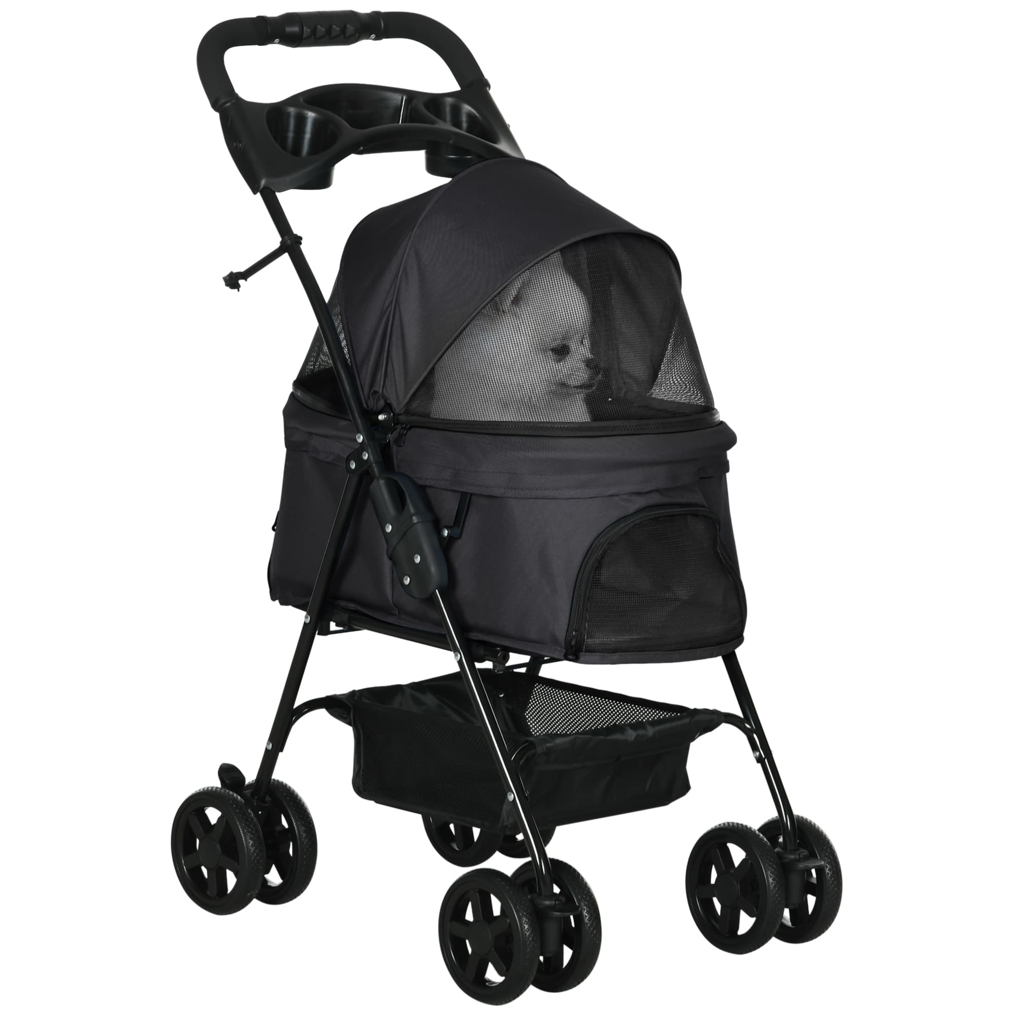 PawHut Pet Stroller, Foldable Cat Dog Pushchair, Pet Travel Carriage with 4 Wheels, Adjustable Canopy, for Small Dogs, Black | Aosom UK