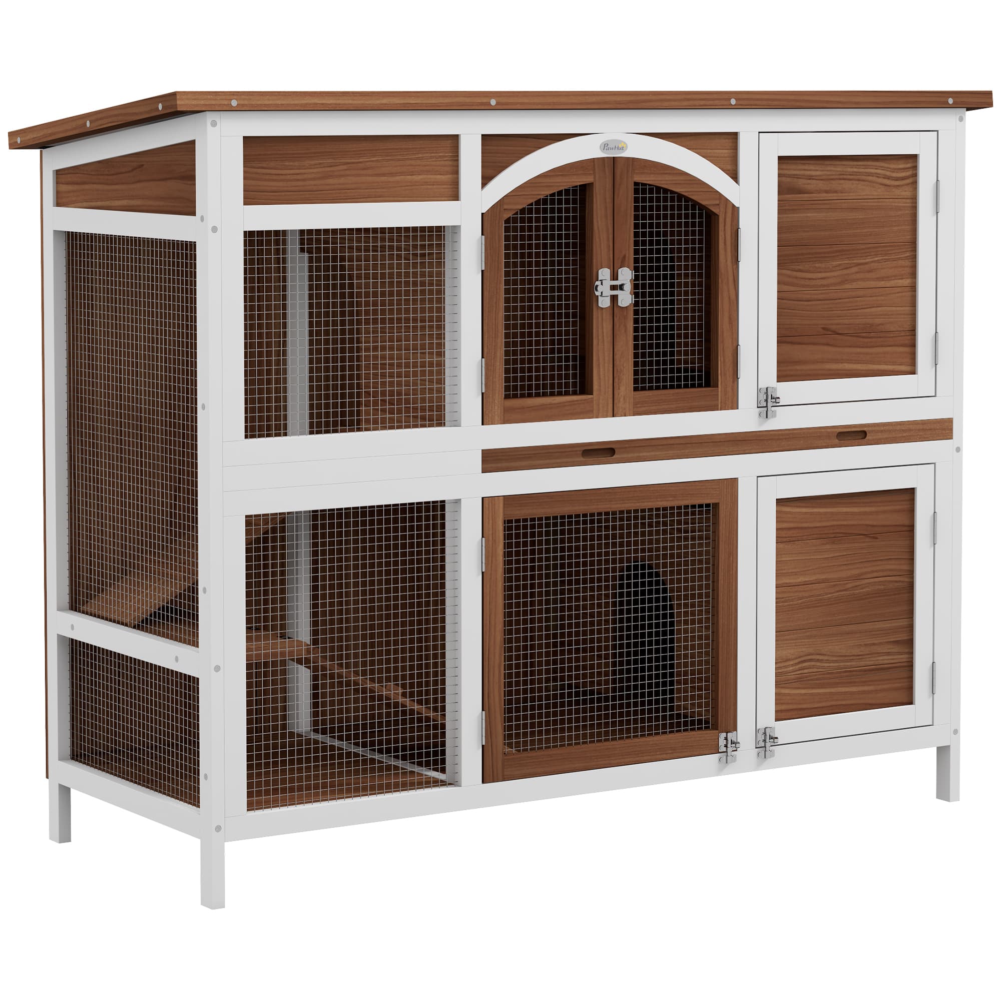 PawHut Two-Tier Wooden Pet Hutch with Openable Roof, Slide-Out Tray | Aosom UK