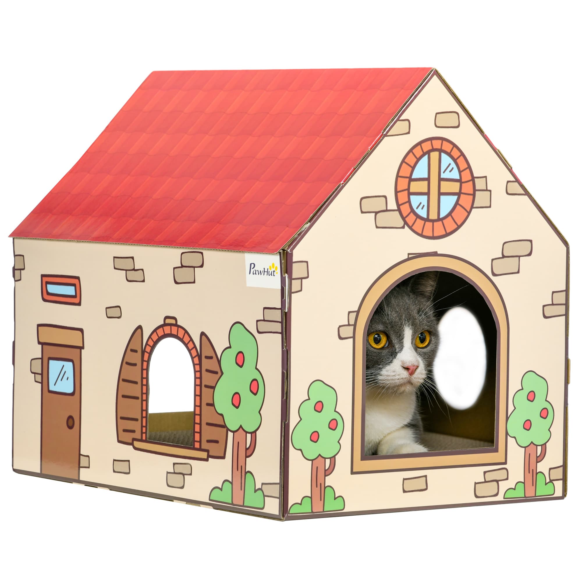 PawHut Two-In-One Cat House, Cat Scratching Board with Scratcher, Catnip, Cat Cardboard Scratcher for Indoor Cats | Aosom UK