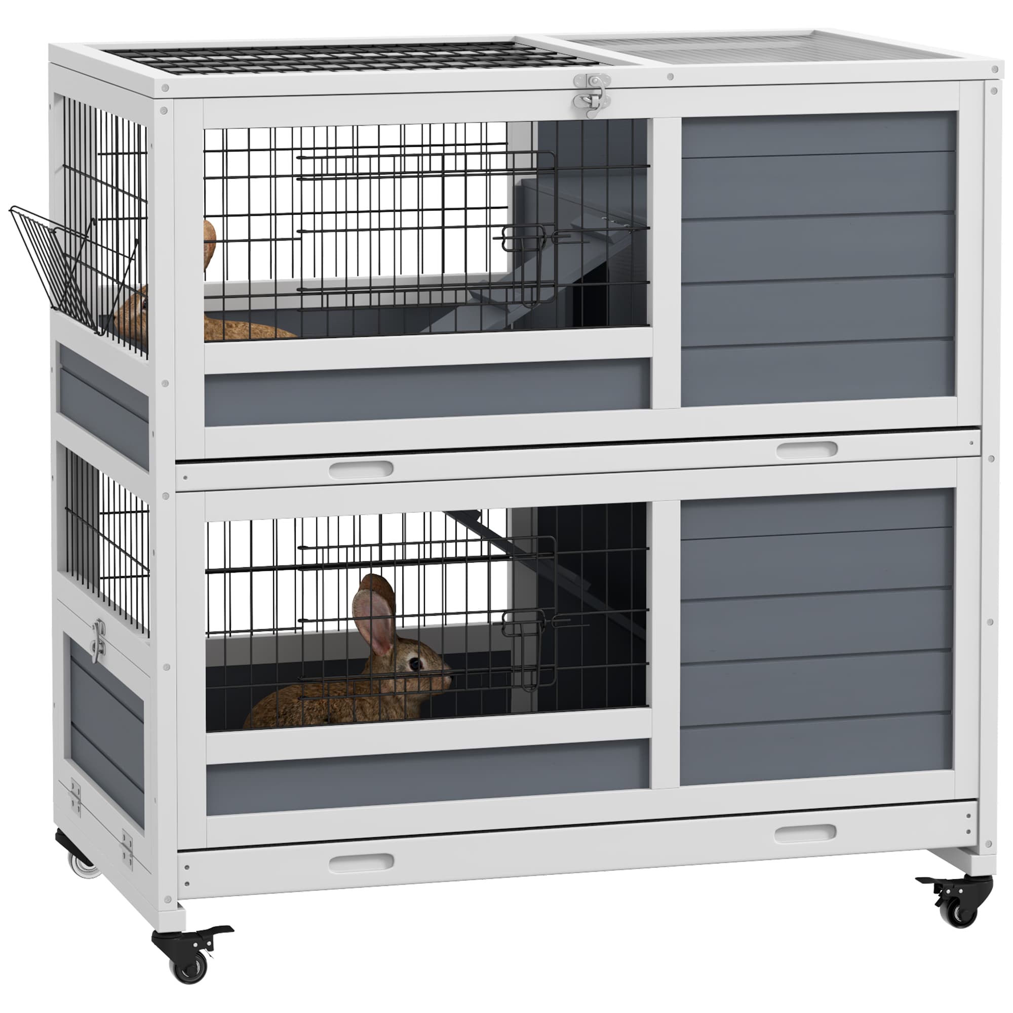PawHut Double Deckers Guinea Pig Cage Rabbit Hutch Indoor with Feeding Trough, Trays, Ramps, Openable Top - Grey | Aosom UK