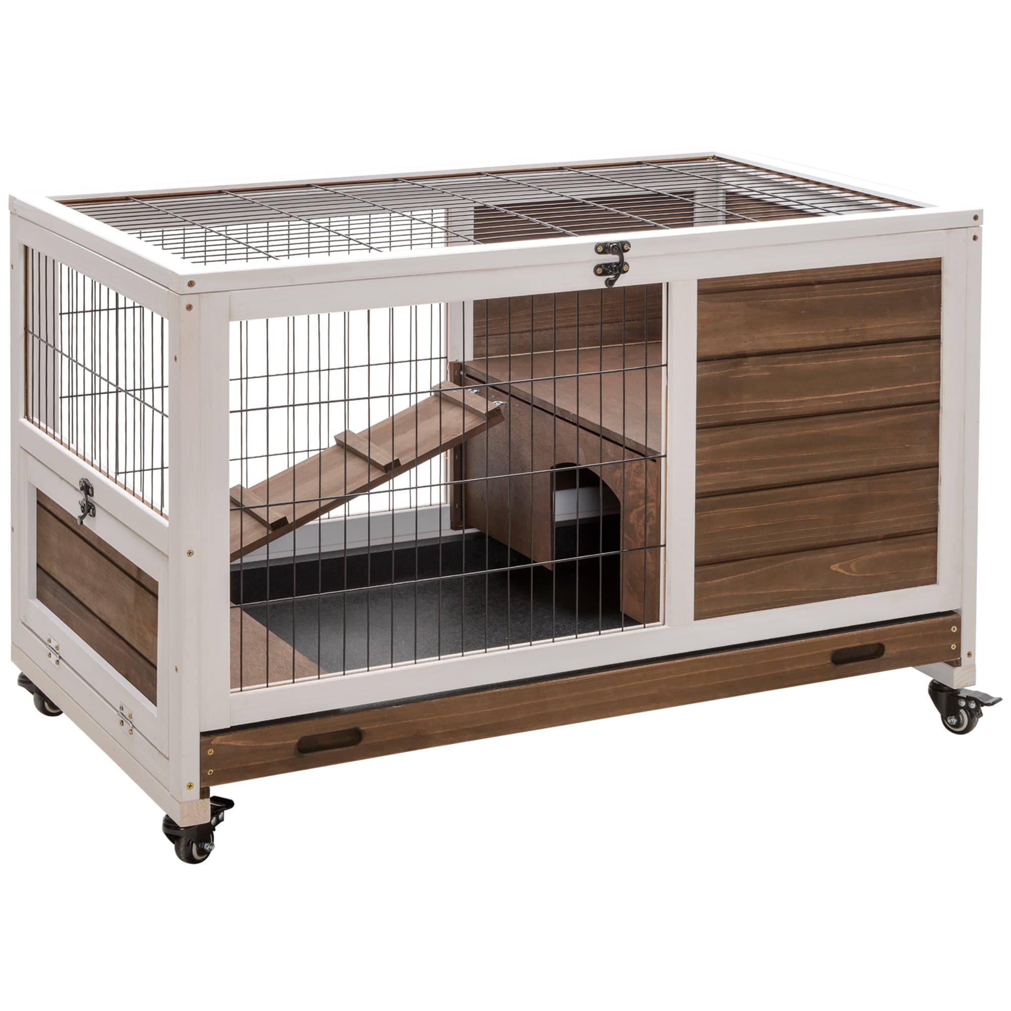 PawHut Wooden Indoor Rabbit Hutch w/ Enclosed Run Brown