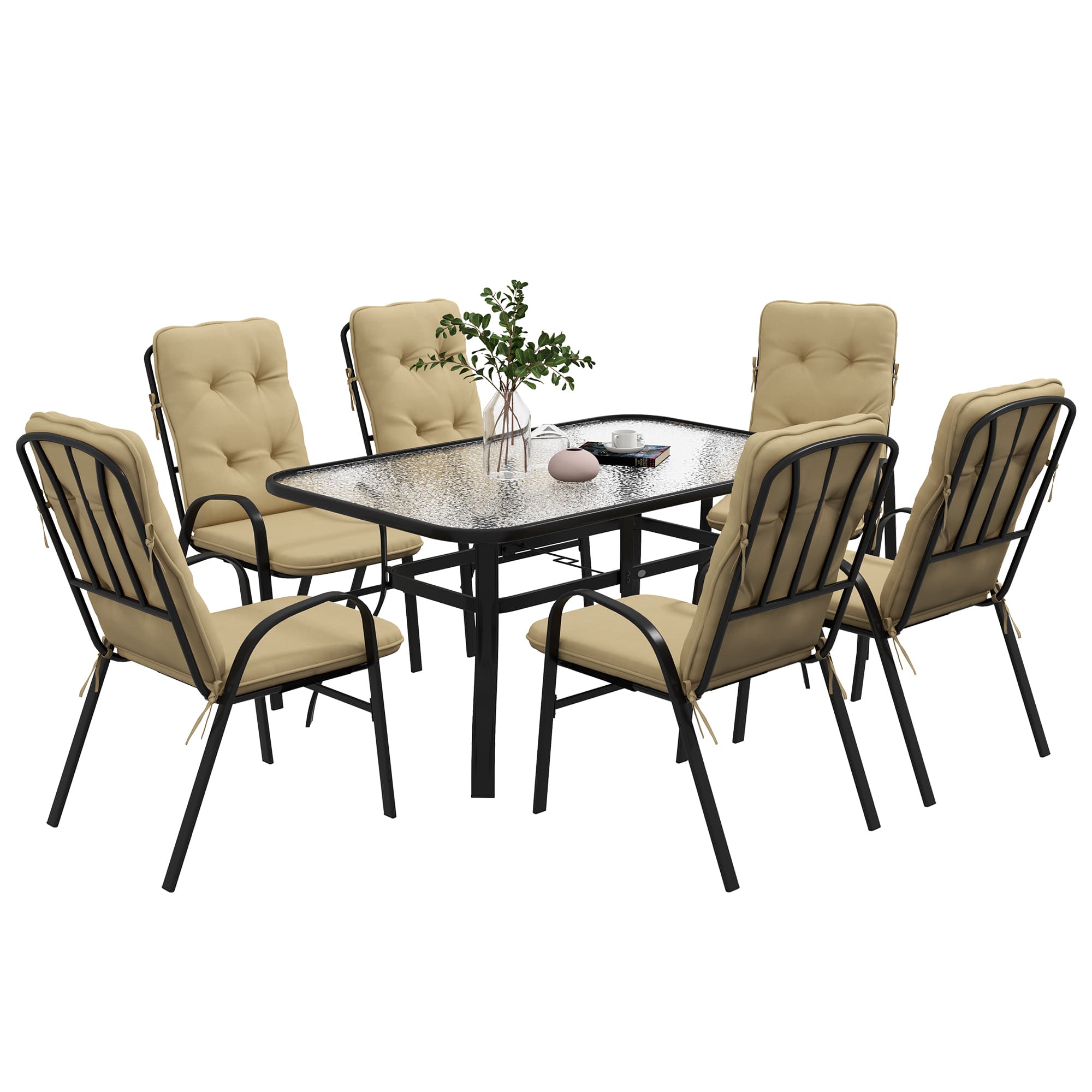 Outsunny 7-Piece Garden Dining Set, Tempered Glass Table with Parasol Hole & 6 Texteline Chairs with Full-size Cushions, Beige | Aosom UK