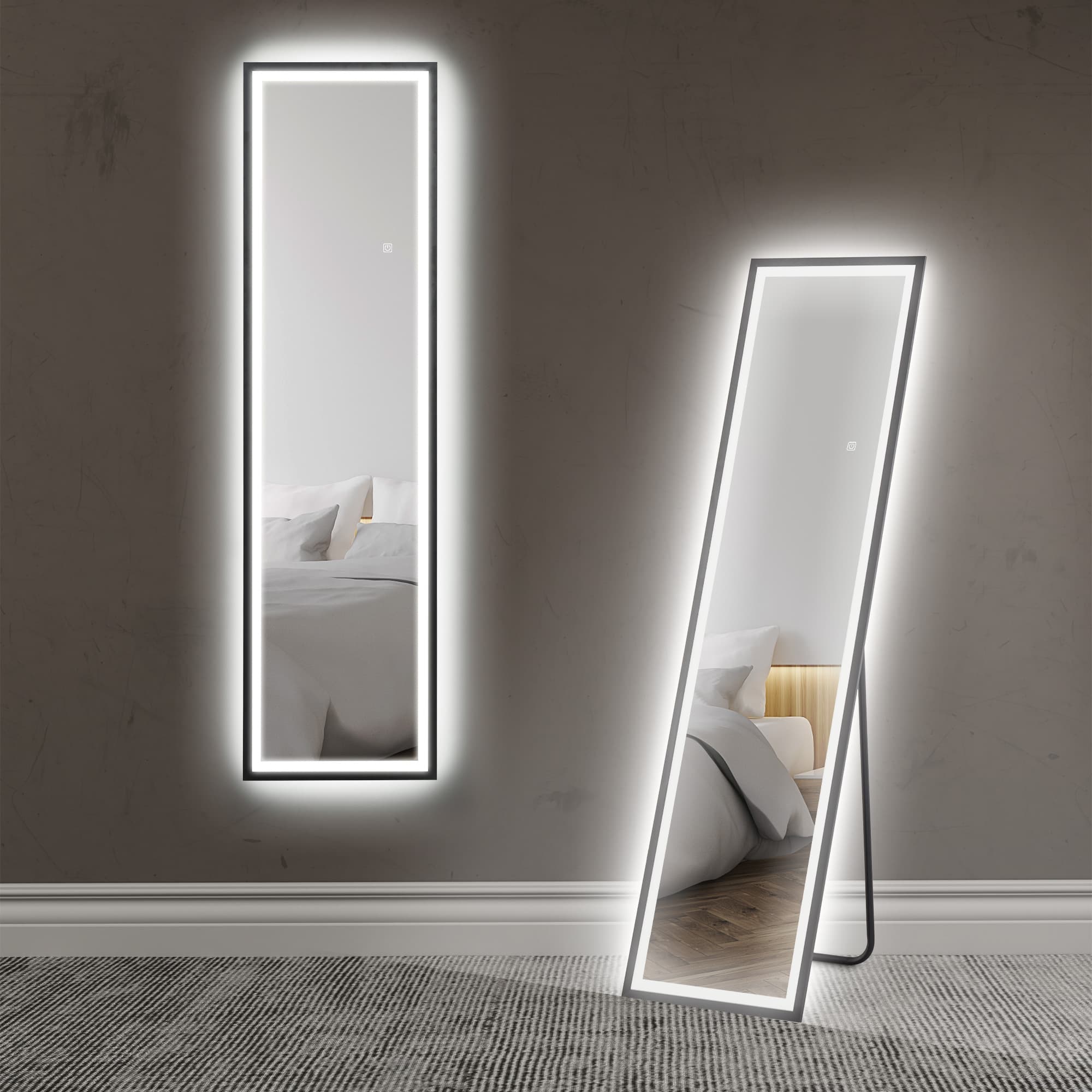 HOMCOM Full Length Mirror with LED Lights, 150 x 40cm Free Standing Mirror with Dimming and 3 Colour Lighting for Living Room, Black | Aosom UK