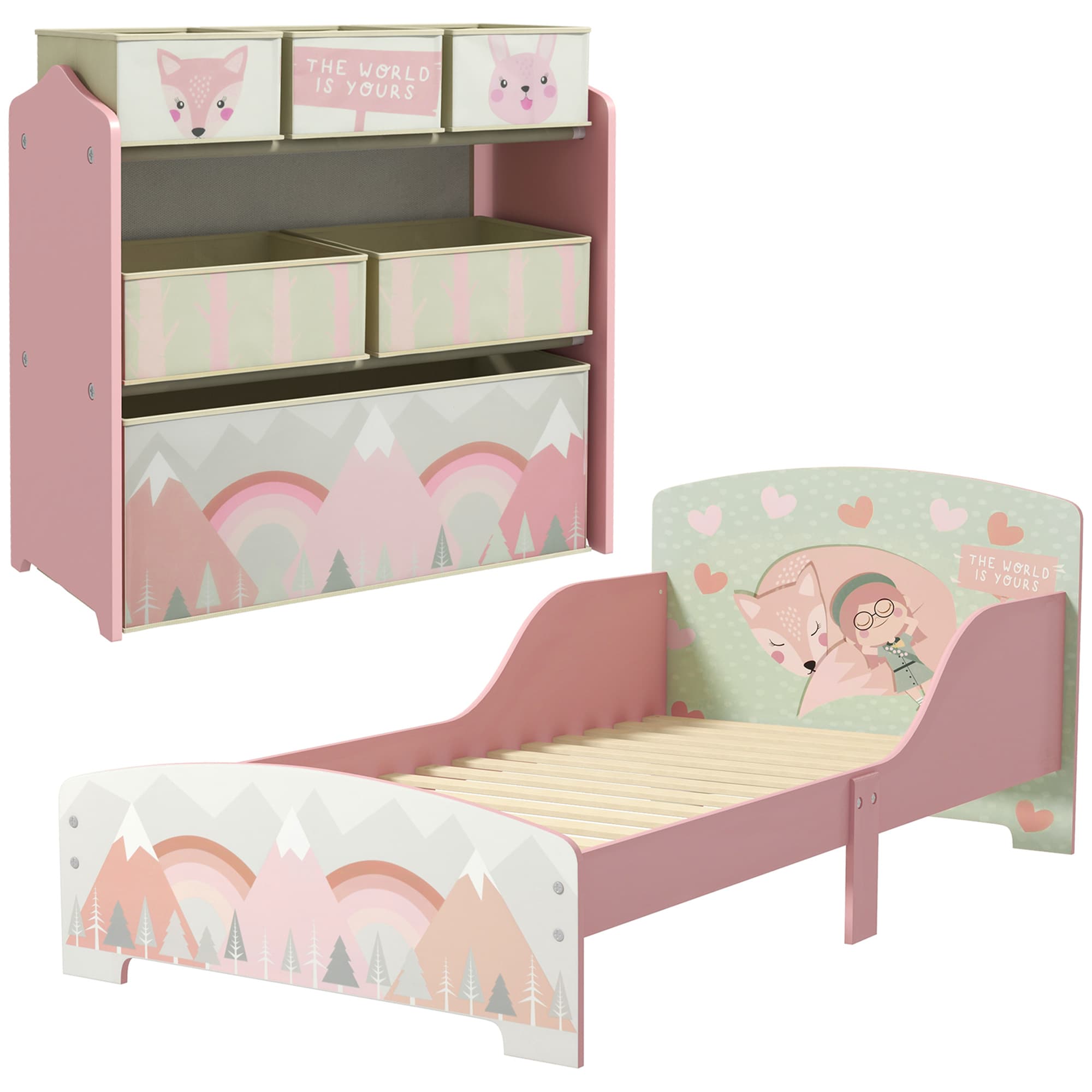 ZONEKIZ Toddler Bed Frame, Kids Storage Shelf Unit with 6 Fabric Bins for Ages 3-6 Years, Pink | Aosom UK