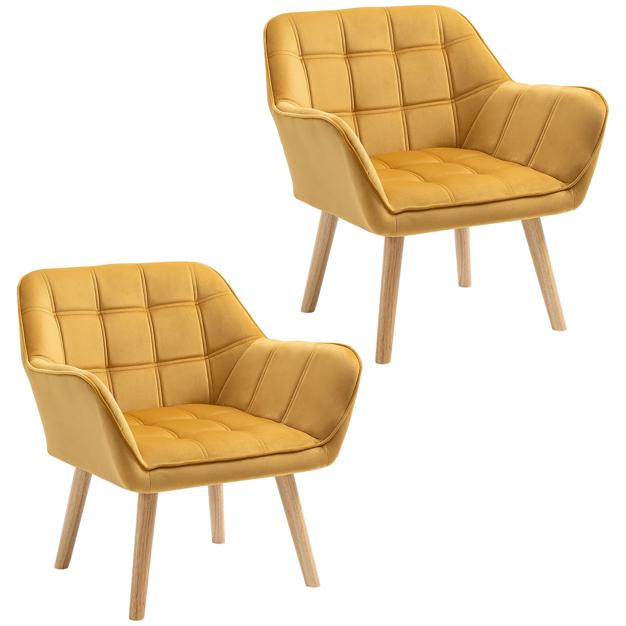 HOMCOM Accent Armchair Duo: Plush Padded Seating with Slanted Back, Iron Frame & Wooden Legs, Sunshine Yellow | Aosom UK