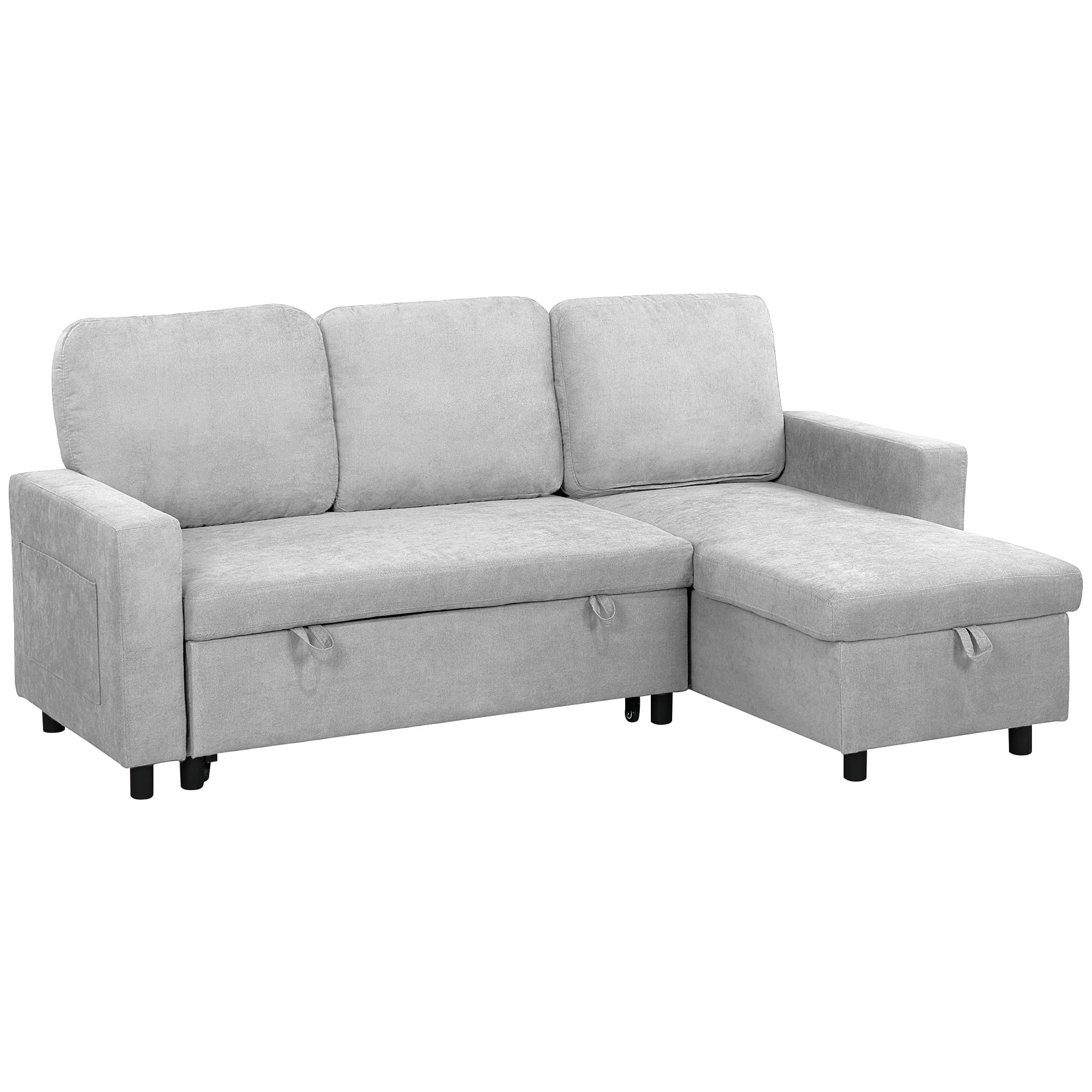 HOMCOM Pull Out Sofa Bed with Storage, 4 Seater Sofa Bed with Reversible Chaise and Side Pockets, Scratch Anti, Light Grey | Aosom UK