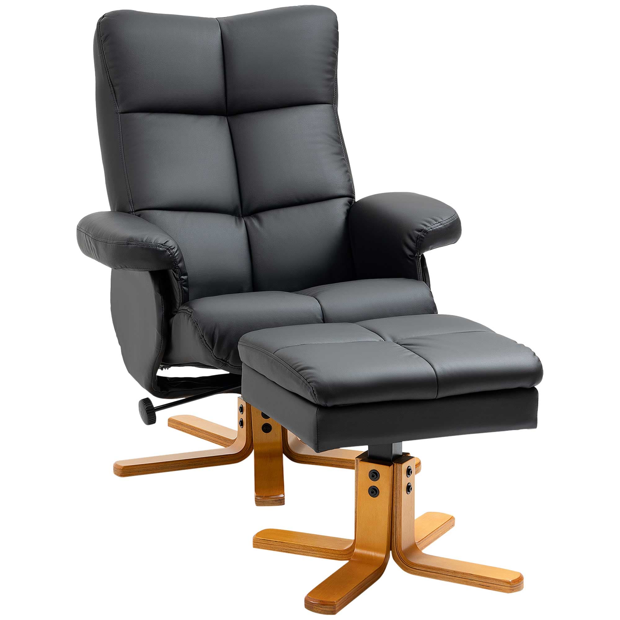 Faux Leather Swivel Recliner Chair HOMCOM Armchair with Footstool, Wooden Base and Storage for Living Room, Black | Aosom UK