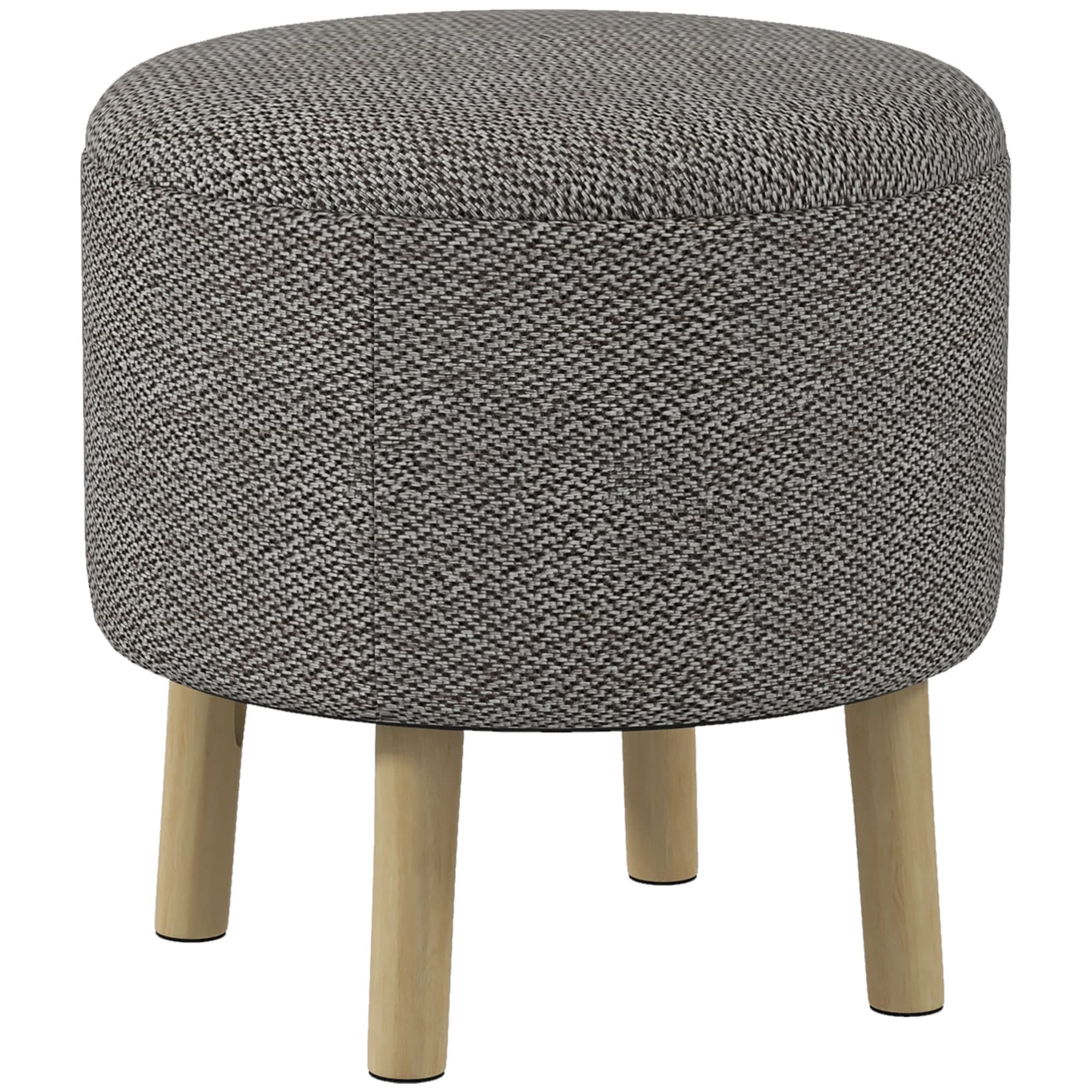 HOMCOM Linen Fabric Ottoman Stool, Round with Storage, Padded Seat, Wooden Legs, Hidden Space, Light Grey | Aosom UK