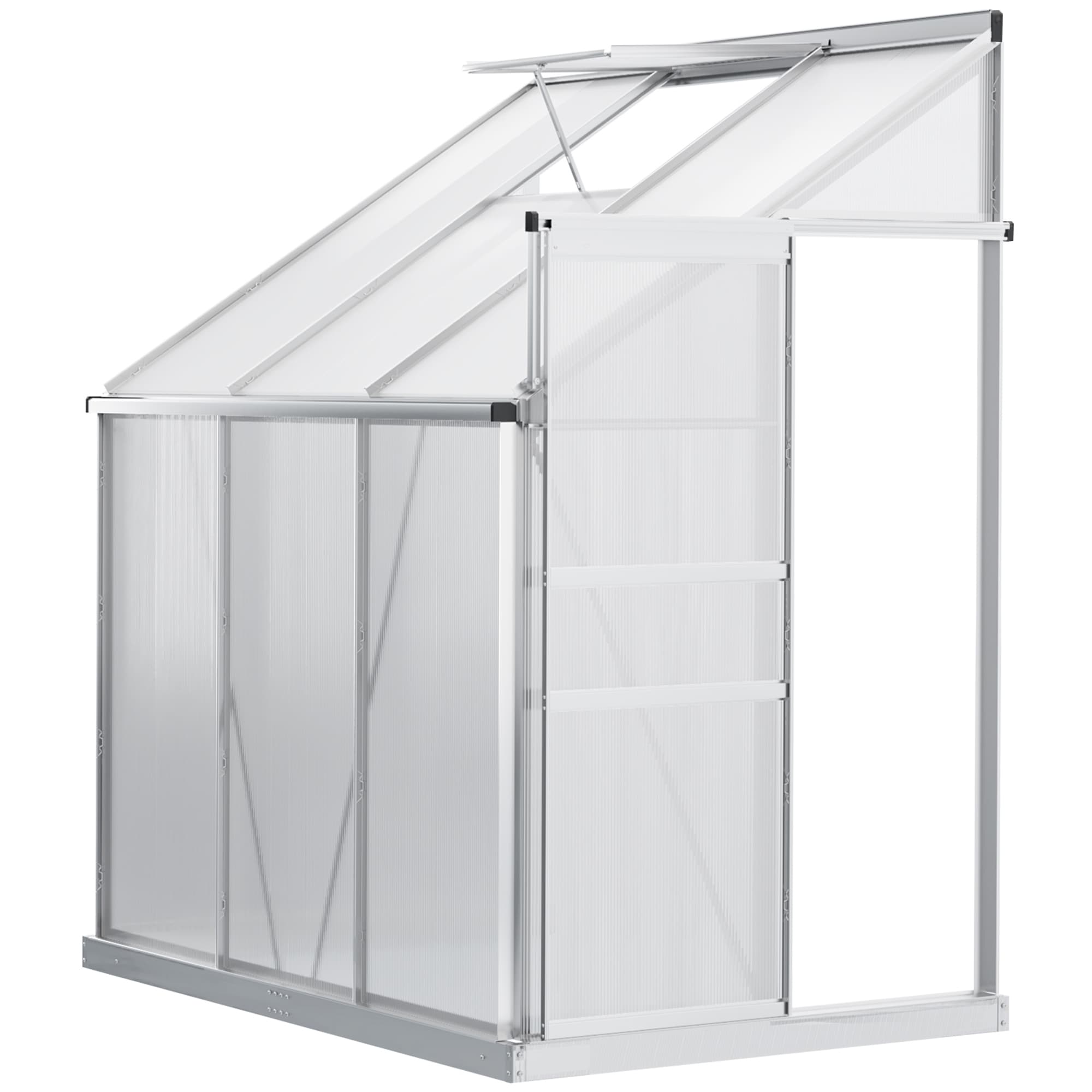 Outsunny Walk In Plastic Greenhouse, Lean to Greenhouse with Adjustable Roof Vent, Rain Gutter and Sliding Door, 2 x 1.2 x 2m, Sliver | Aosom UK