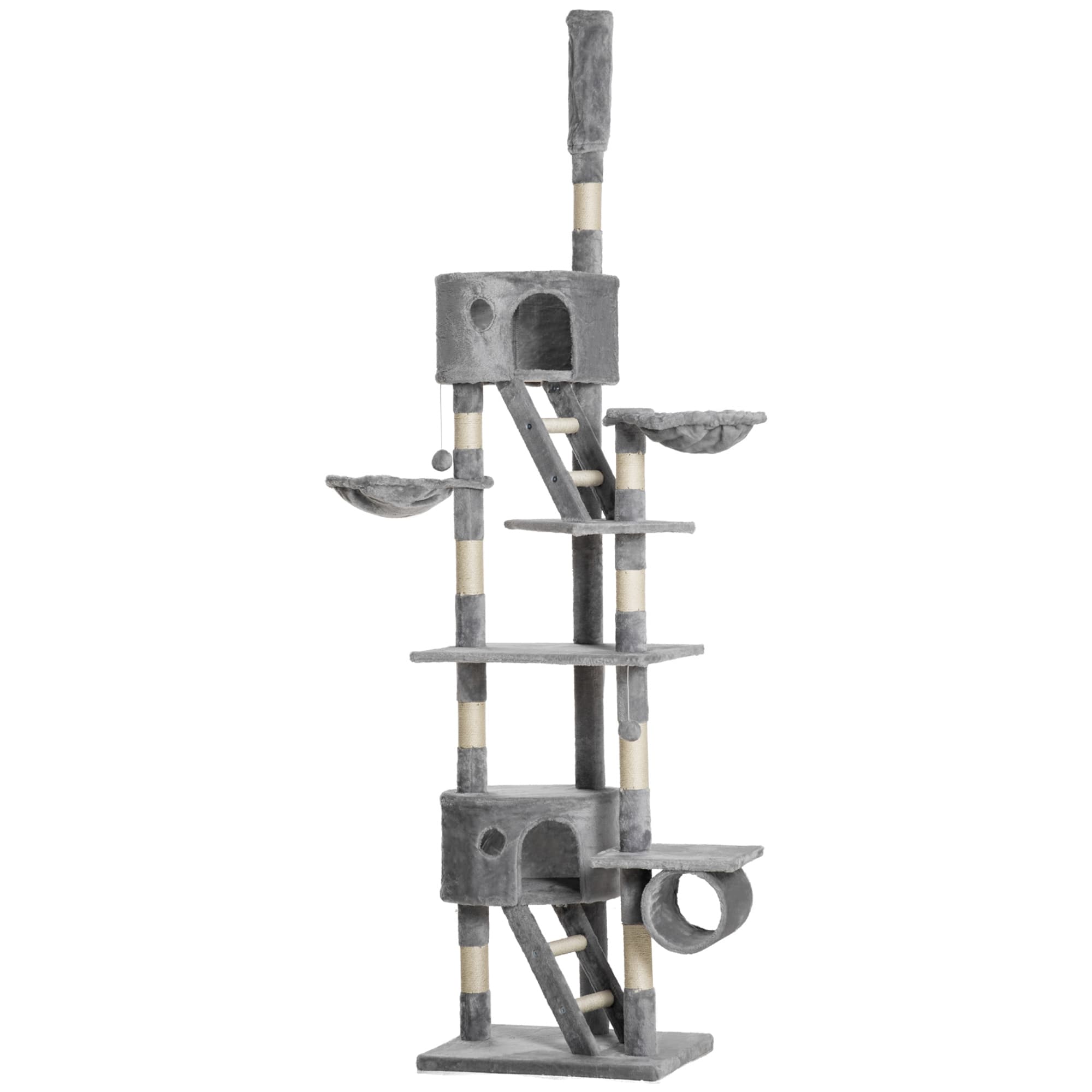 PawHut Floor to Ceiling Cat Tree for Indoor Cats 240-260cm Adjustable Height Light Grey | Aosom UK