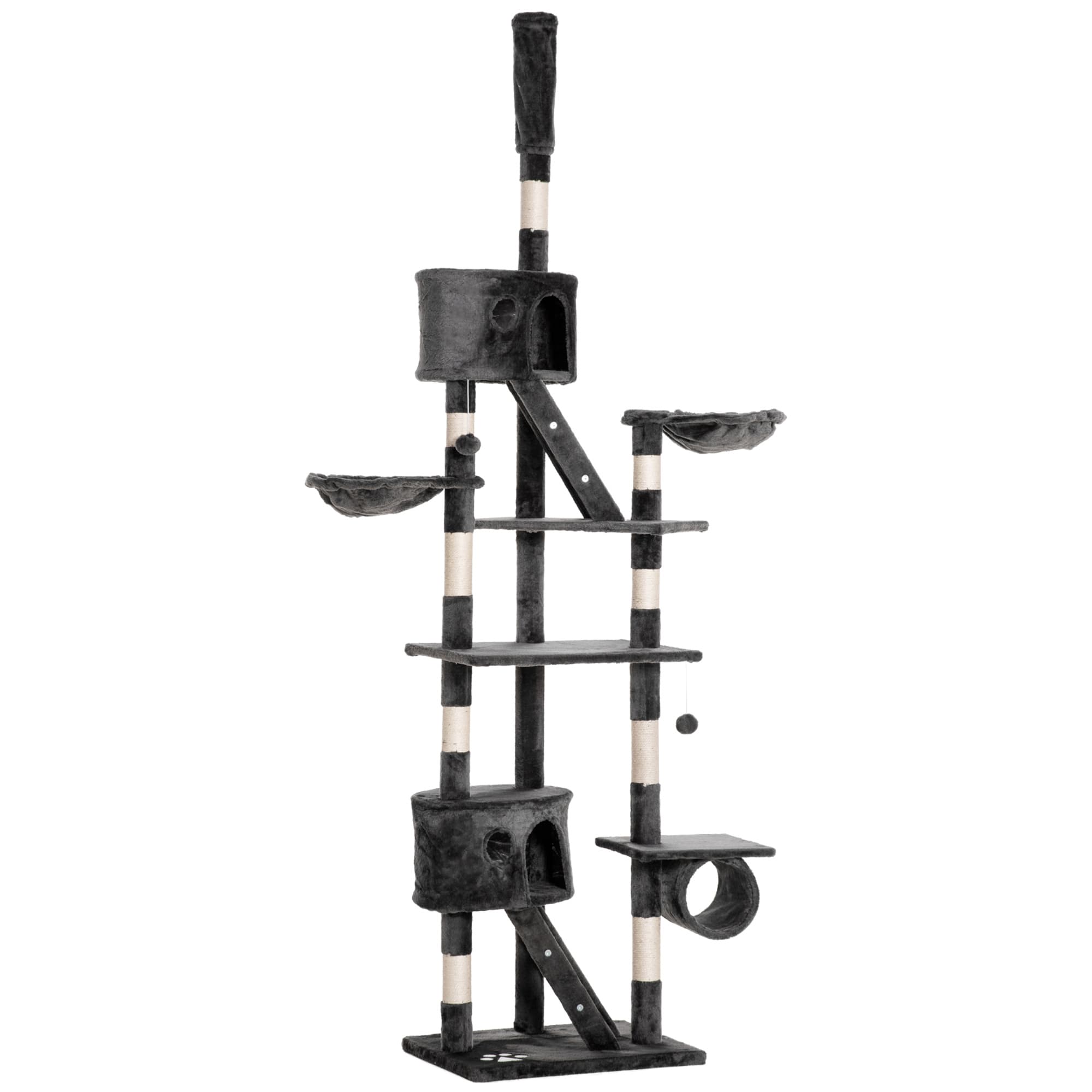 PawHut Cat Tower Floor-to-Ceiling 240-260cm Indoor Cat Tree, Adjustable Cat Post with Condos, Ramps, Hammocks, Toy Balls, Dark Grey | Aosom UK