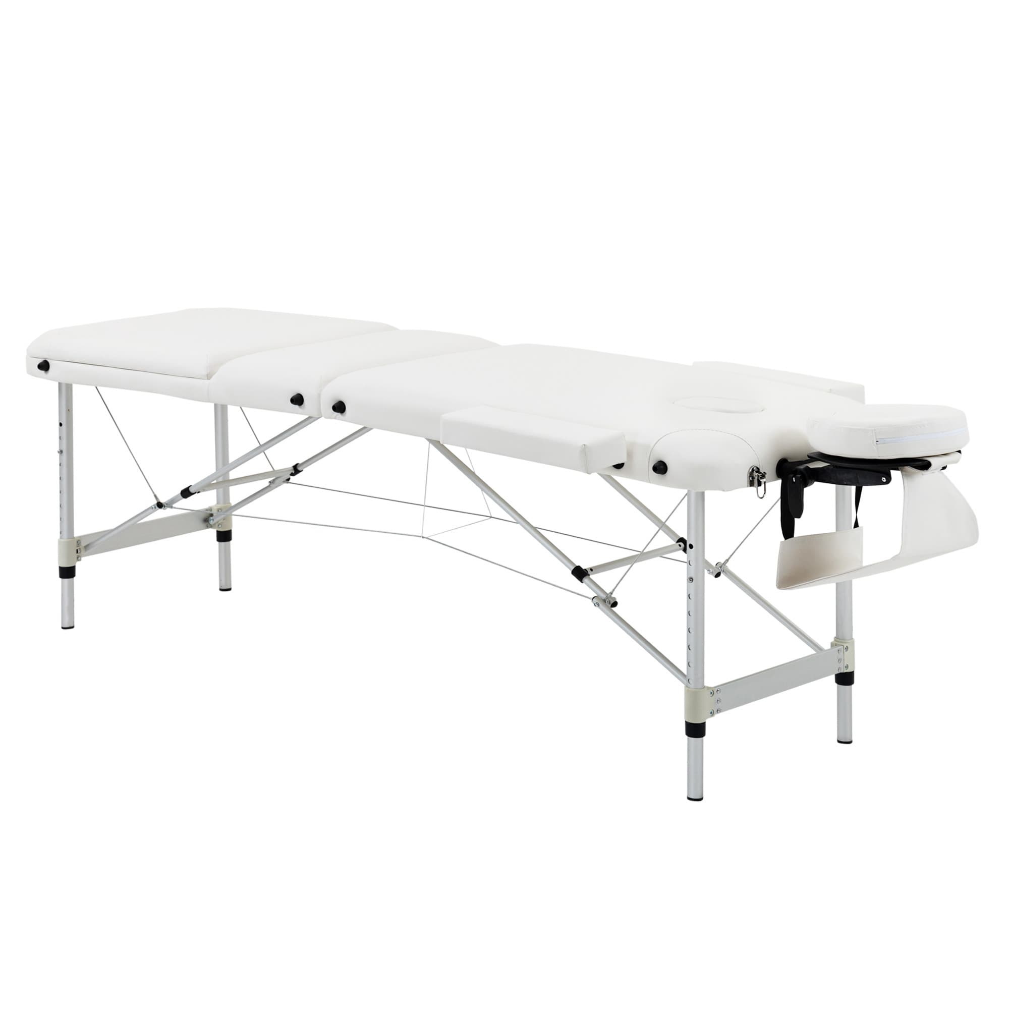 HOMCOM Folding PVC Leather Massage Table Aluminium Frame w/ Headrest Armrests Padding Handle Carry Bag Adjustable Height 3-Way Tri-Fold White