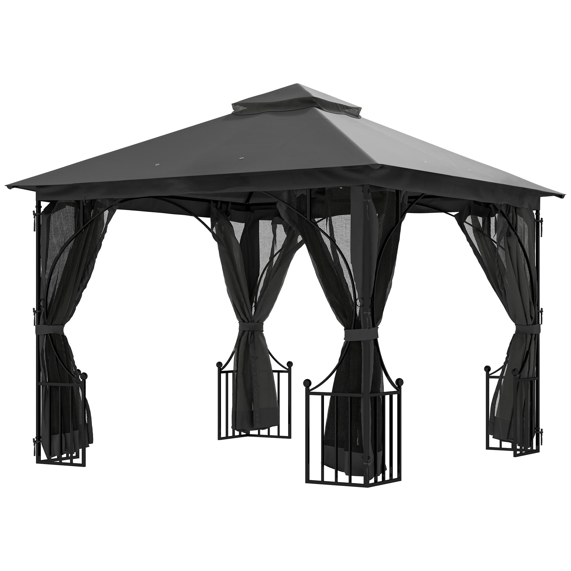Outsunny 3 x 3(m) Garden Gazebo Patio Party Tent Shelter Outdoor Canopy Double Tier Sun Shade Metal Frame Netting, Dark Grey