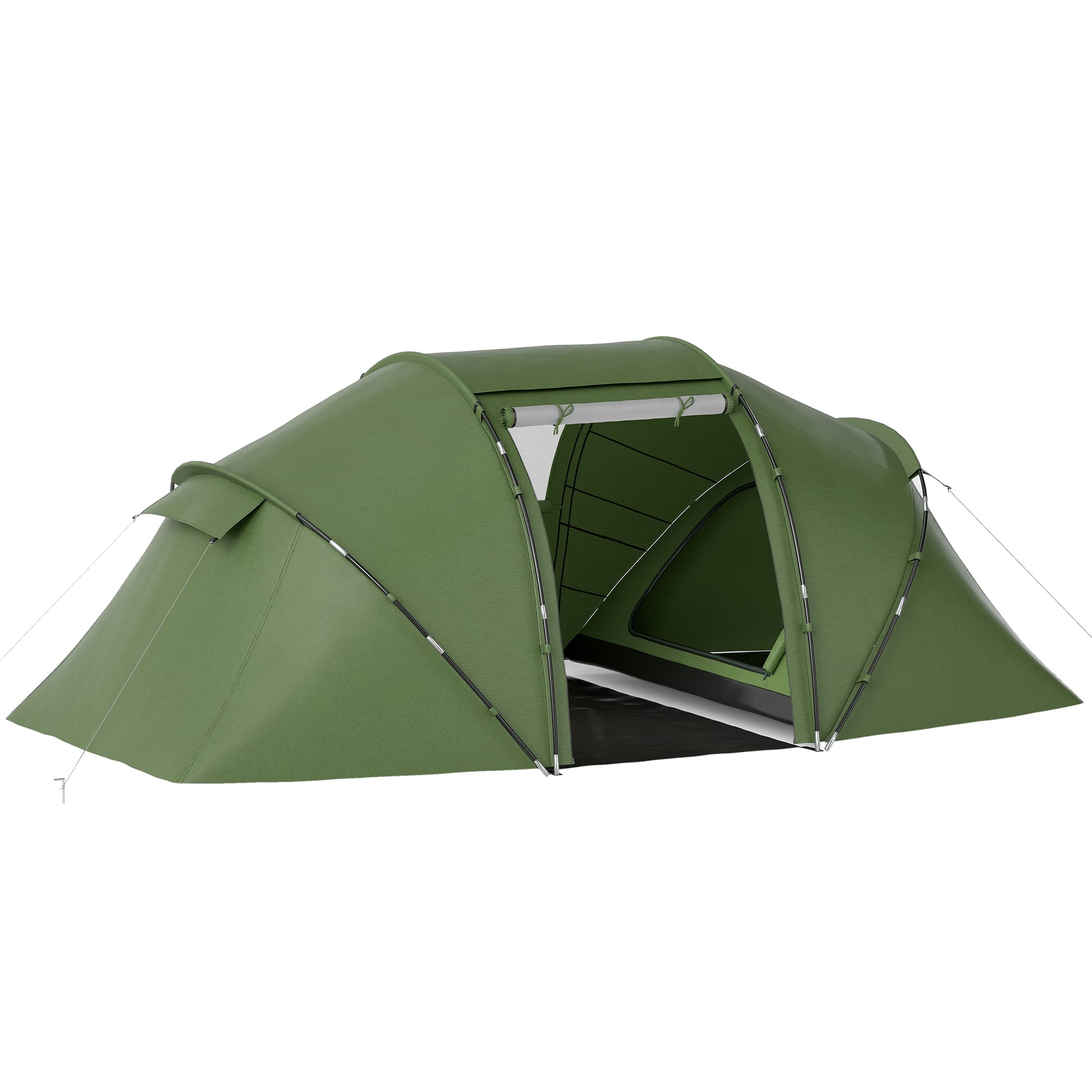Outsunny 4-6 Man Camping Tent w/ Two Bedroom, Hiking Sun Shelter, UV Protection Tunnel Tent, Dark Green