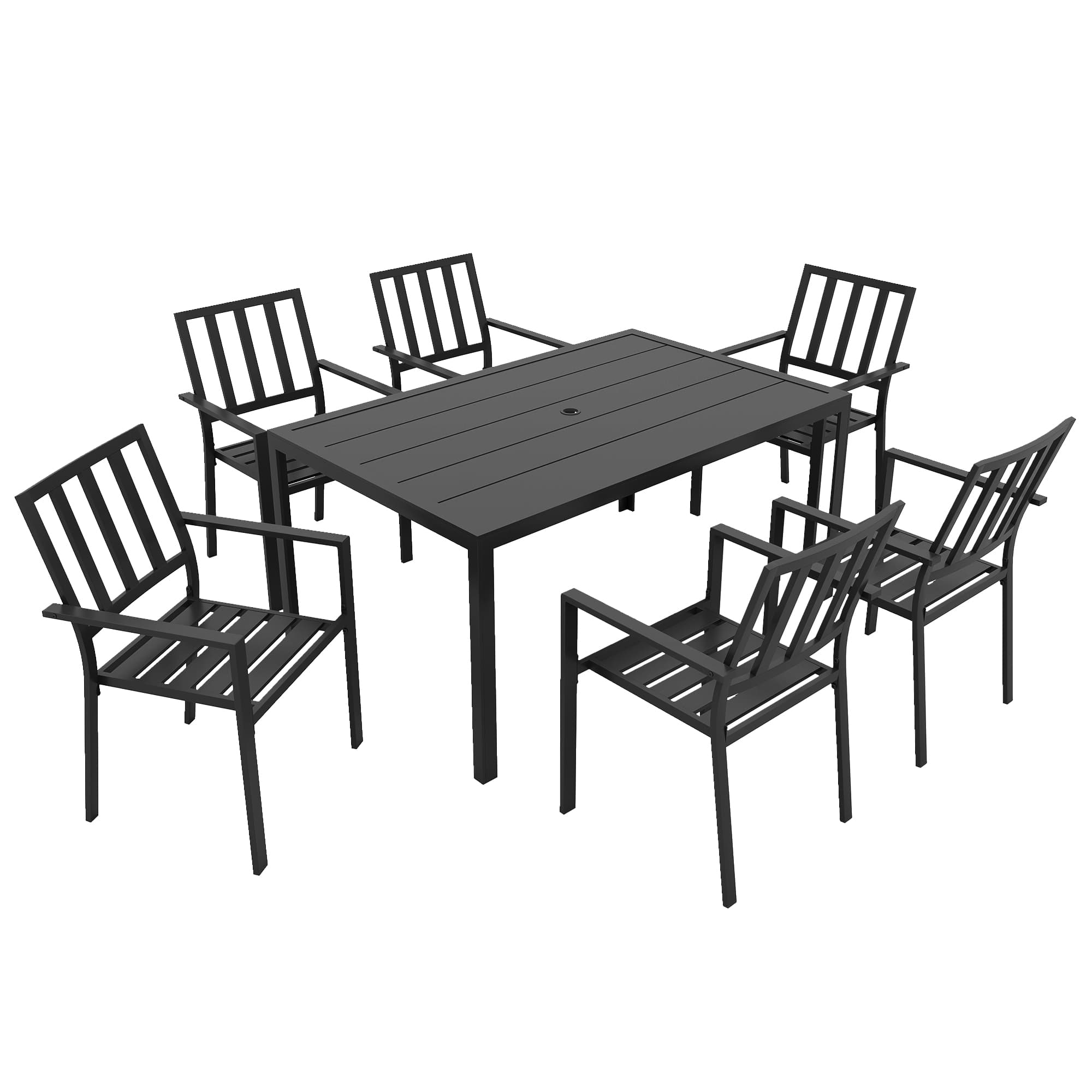 Outsunny 7 Pieces Garden Dining Set, Outdoor Table and 6 Stackable Chairs, Metal Top Table with Umbrella Hole, Black
