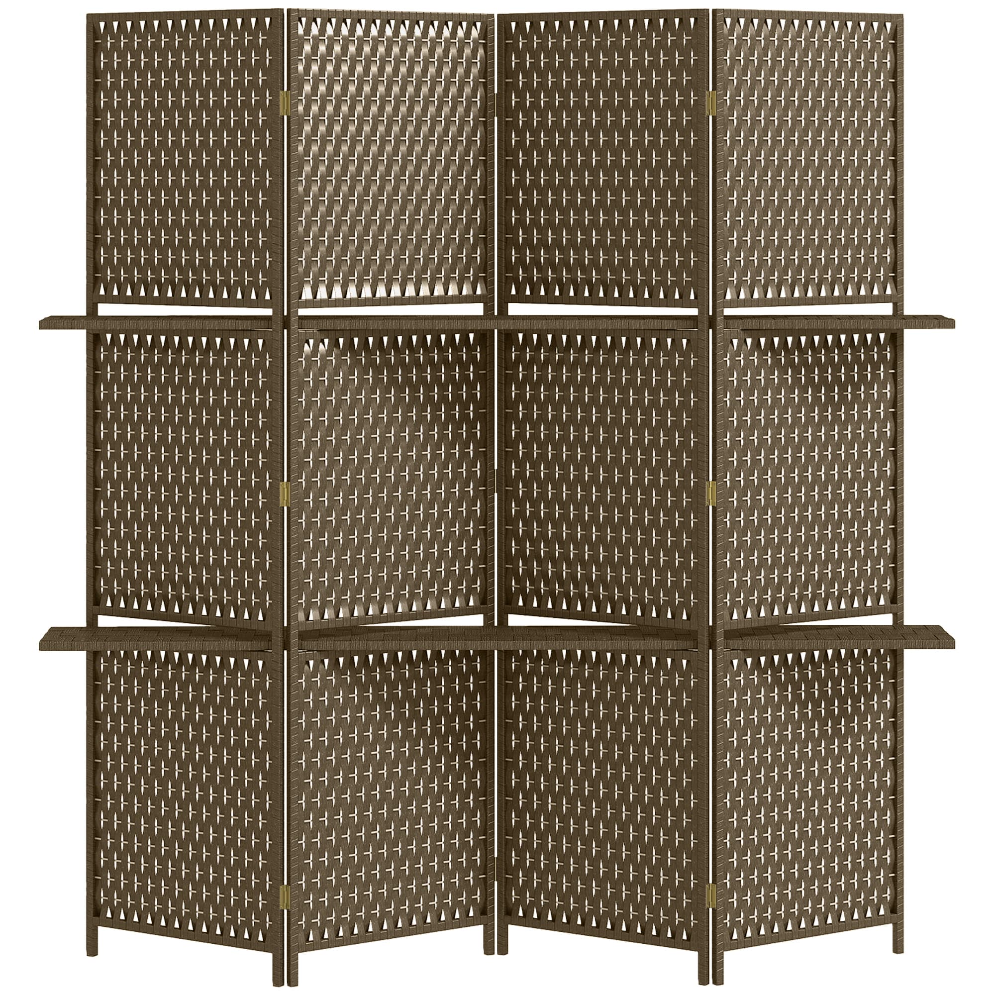 HOMCOM 4-Panel Room Dividers with Shelves, Wave Fibre Freestanding Folding Privacy Screen Panels, Partition Wall Divider Brown | Aosom UK
