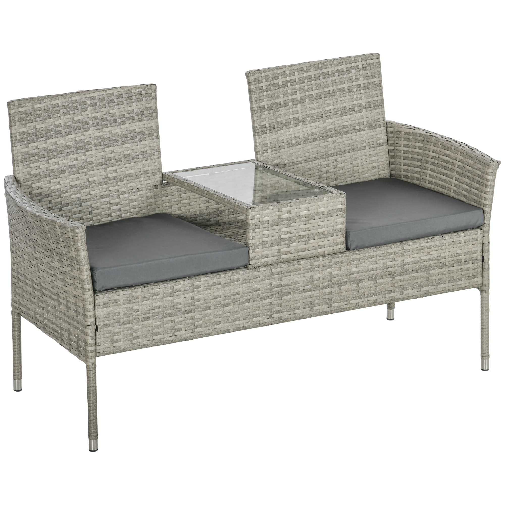 Outsunny Two-Seat Rattan Chair, with Middle Table - Mixed Grey | Aosom UK