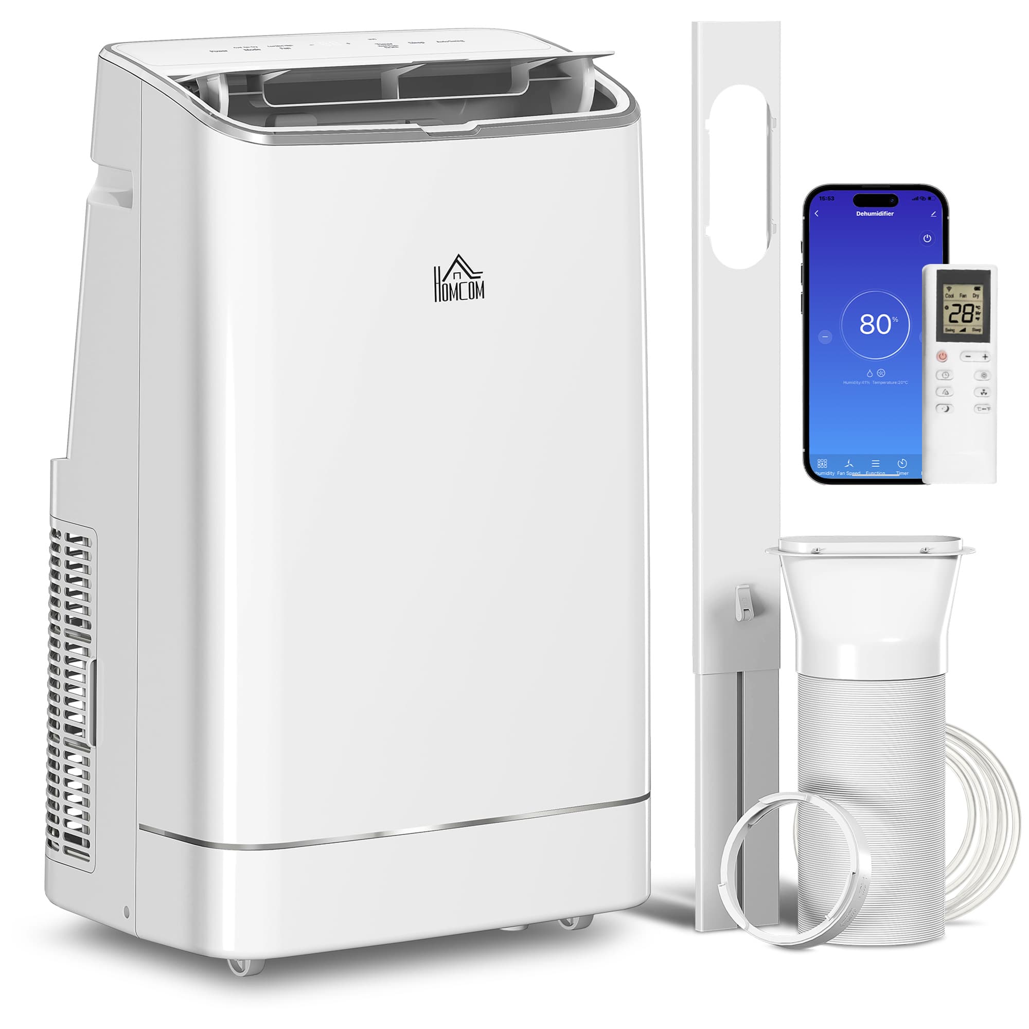 HOMCOM 5-in-1 Portable AC Unit 14,000 BTU, with APP & Remote Control, Dehumidifier, Heater, Cooler, 24 Hour Timer, Self-evaporating System | Aosom UK