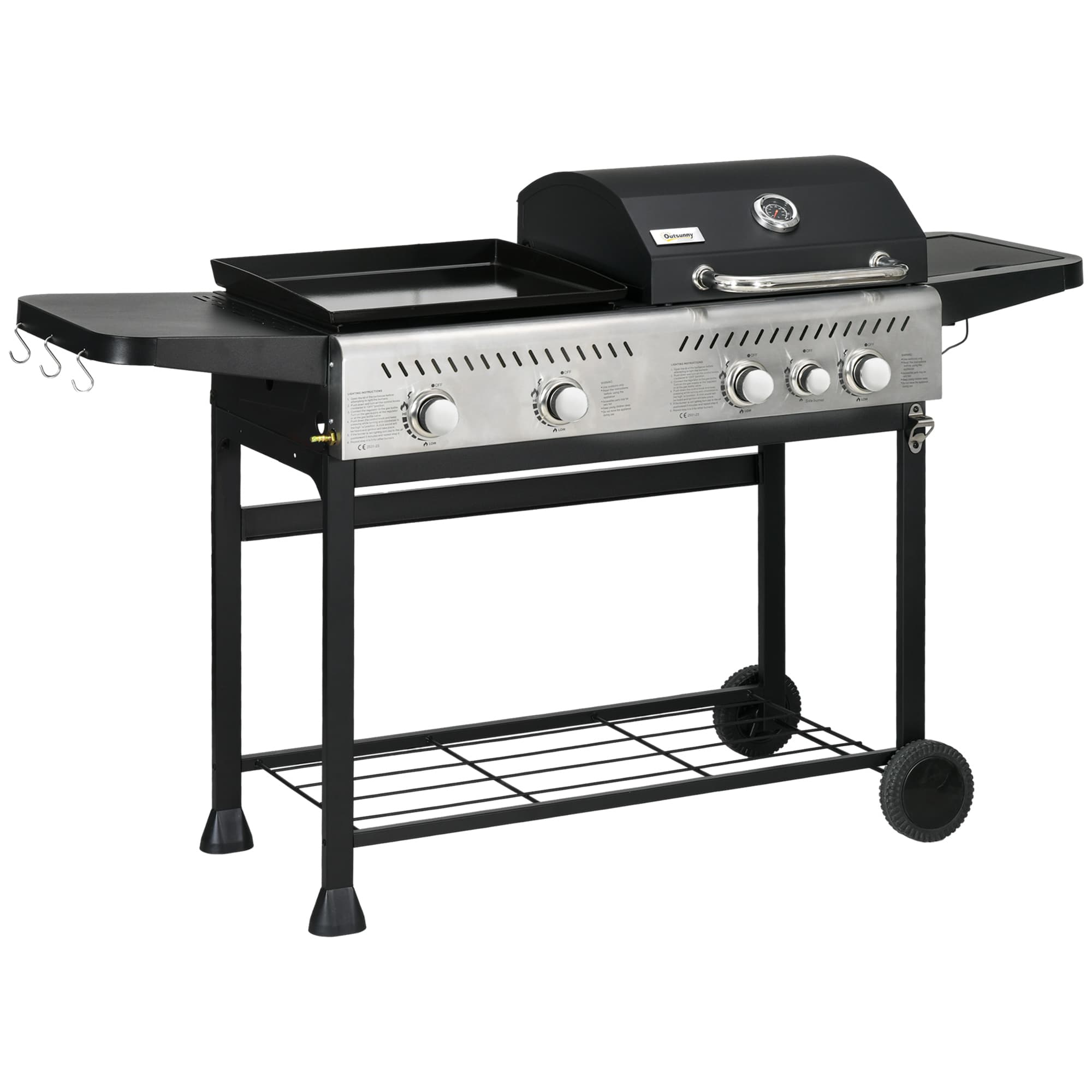 Outsunny 15 kW Gas BBQ Grill and Plancha with Side Burner, Black