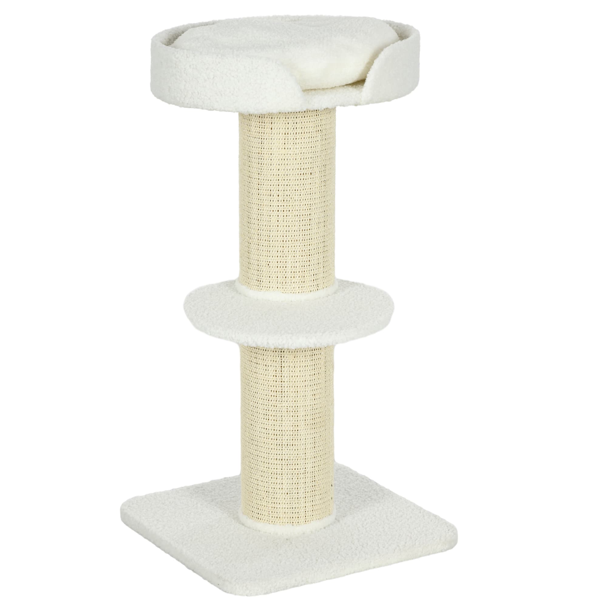 PawHut 2 Tier Sisal Sherpa Cat Tree with Basket Cushion Sisal Post Cream White | Aosom UK