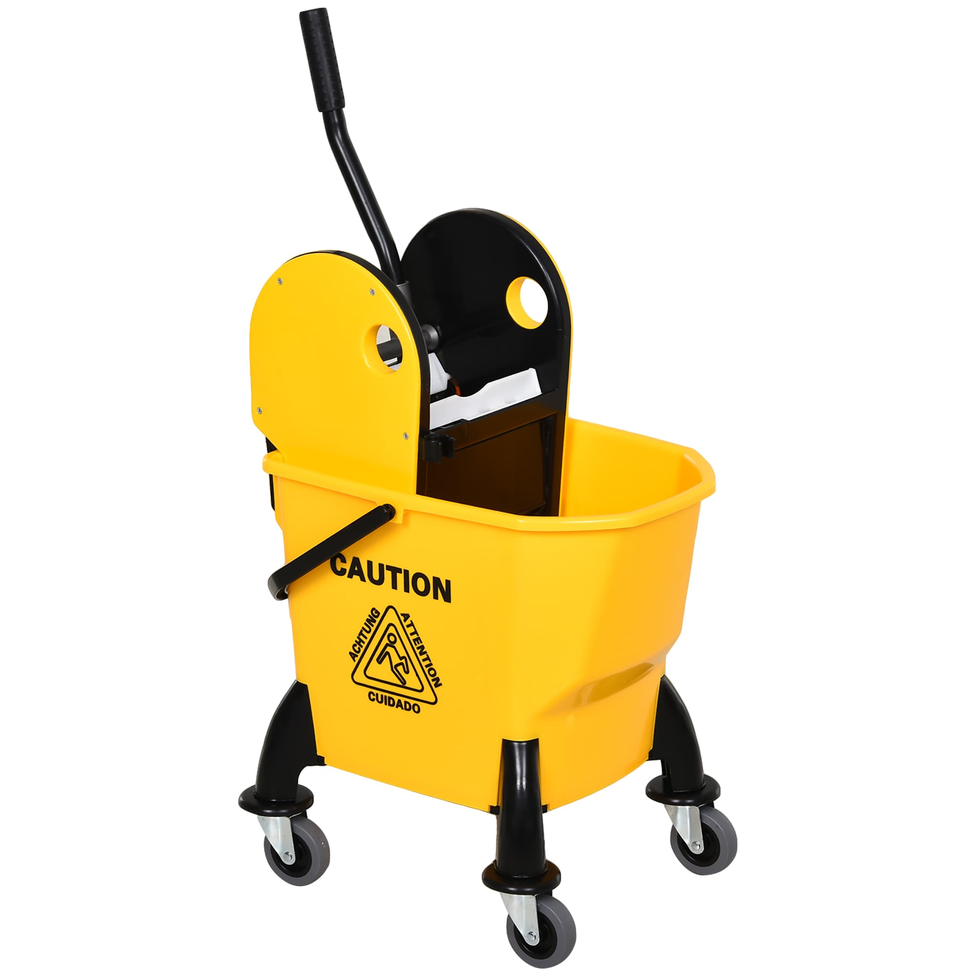 HOMCOM 26L Mop Bucket & Water Wringer w/ 4 Wheels Plastic Body Metal Handle Pole Holder Home Commercial Cleaning Floor Cart Yellow | Aosom UK