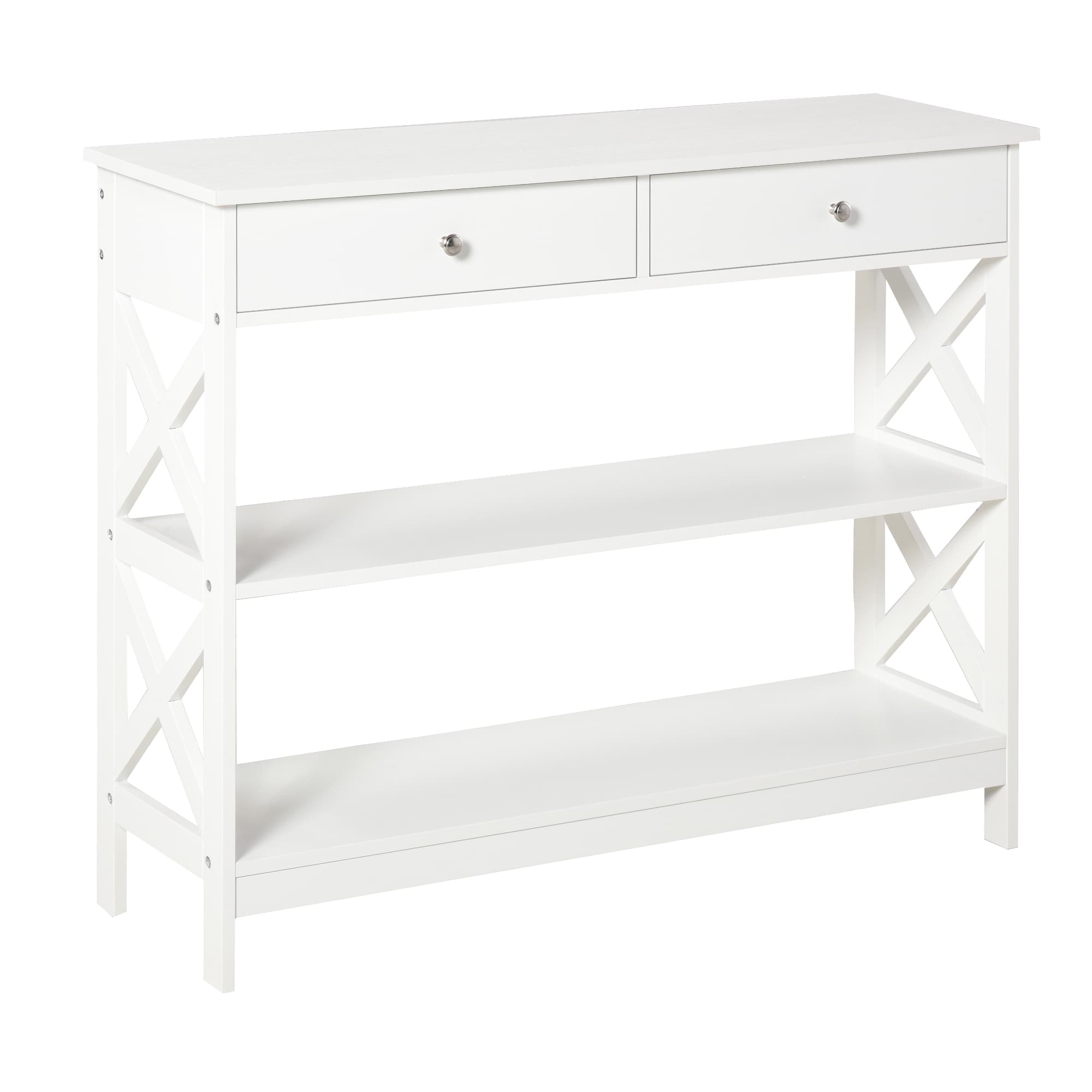 HOMCOM Console Table Side Desk w/ Shelves Drawers Open Top X Support Frame Living Room Hallway Home Office Furniture White | Aosom UK