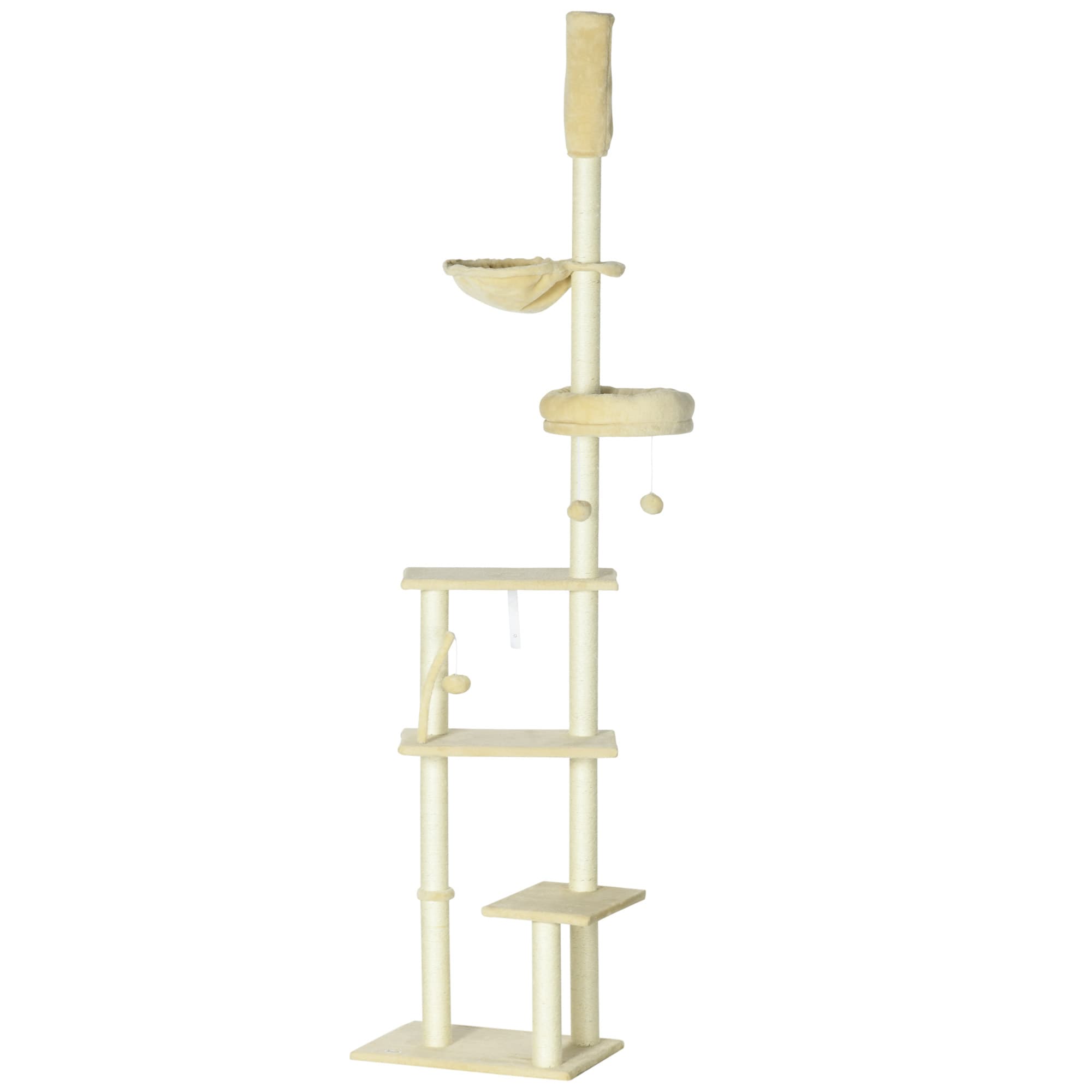 PawHut Cat Tree Floor to Ceiling, 6-Tier Play Tower with Scratching Post, Platforms, Adjustable Height, Beige