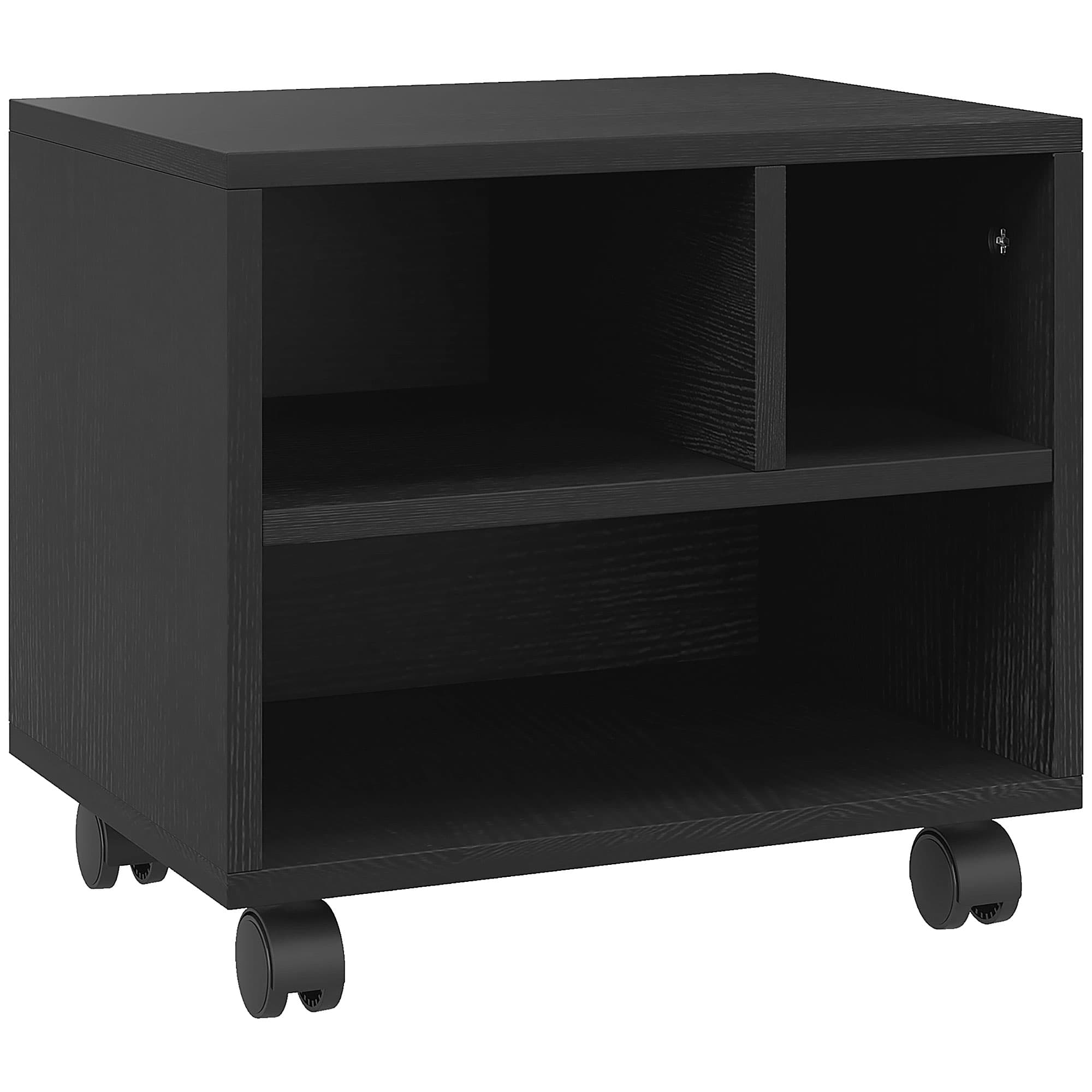 HOMCOM 2-Tier Printer Stand with Storage, Under Desk Printer Cart on Wheels with 3 Compartments, Desktop Printer Table for Office, Black | Aosom UK