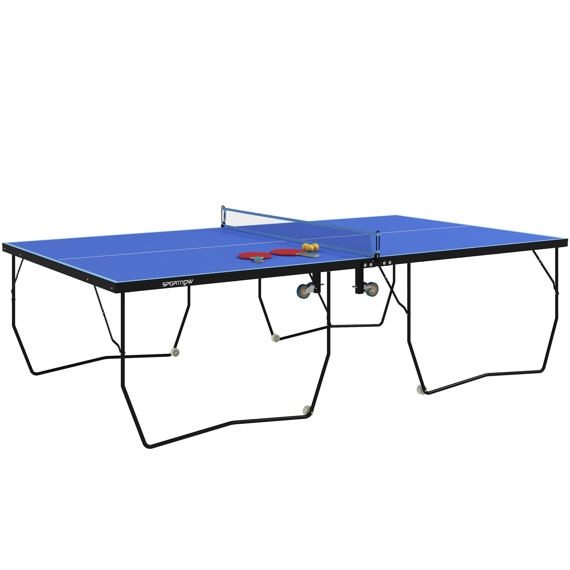 SPORTNOW 9FT Folding Table Tennis Table with 4 Wheels, for Indoor Use, Blue | Aosom UK