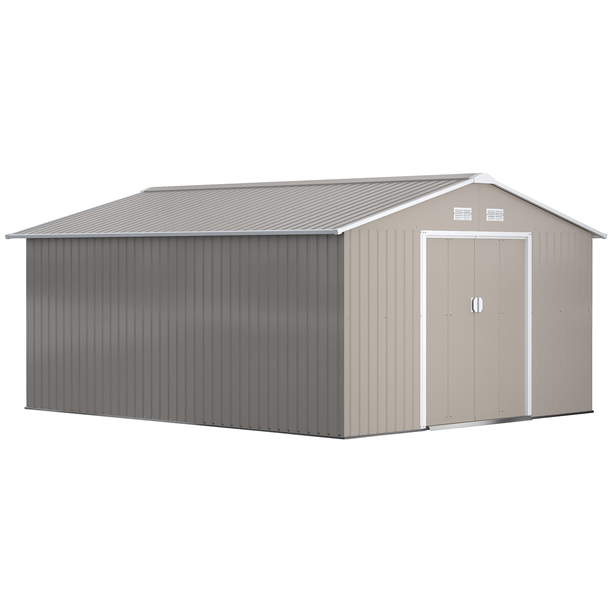 Outsunny 13 x 11ft Large Garden Shed, Mental Garden Storage Shed with Foundation Ventilation & 2 Lockable Doors, Light Grey | Aosom UK