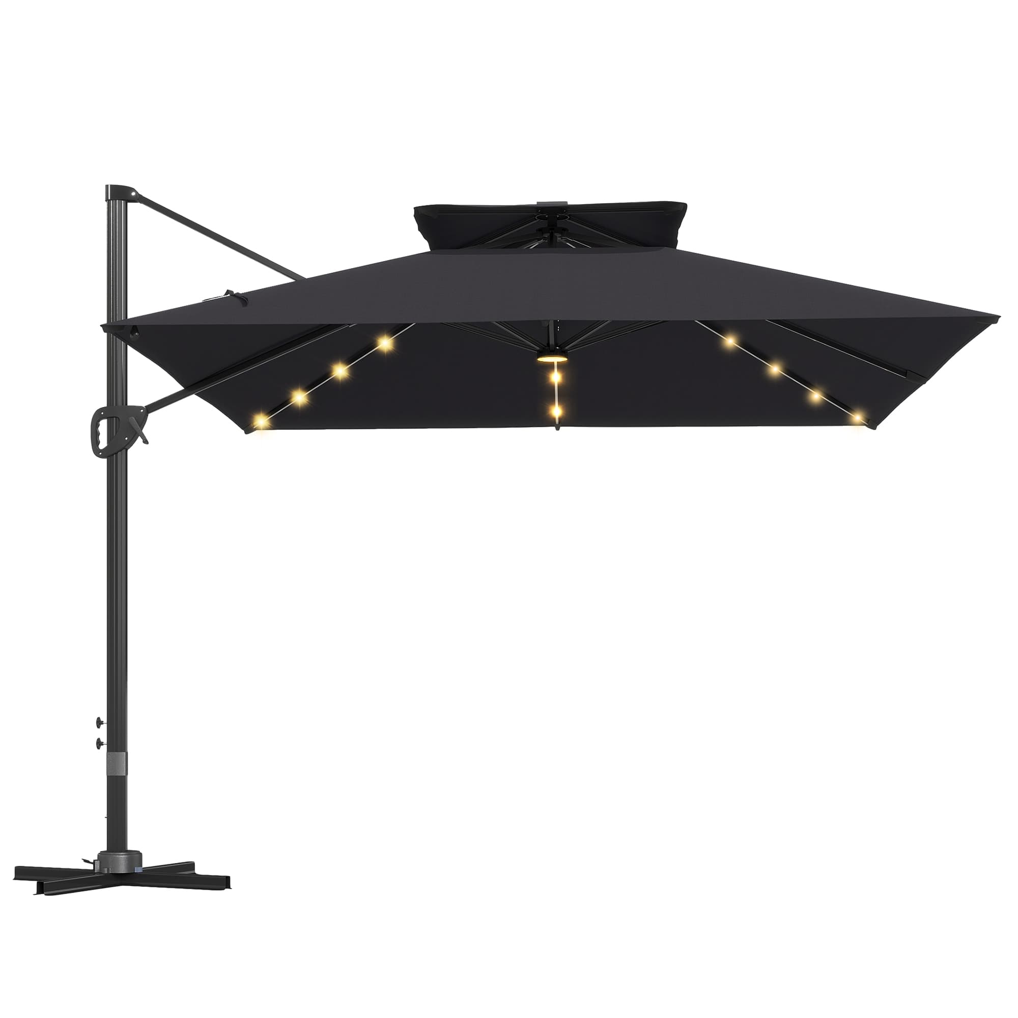 Outsunny 3.5x3 m Garden Cantilever Parasol with Solar LED Lights and Centre Light, Aluminium Large Square Patio Umbrella, UPF50+ Hanging Sun Shade with Cross Base, Crank Handle and Tilt, Black