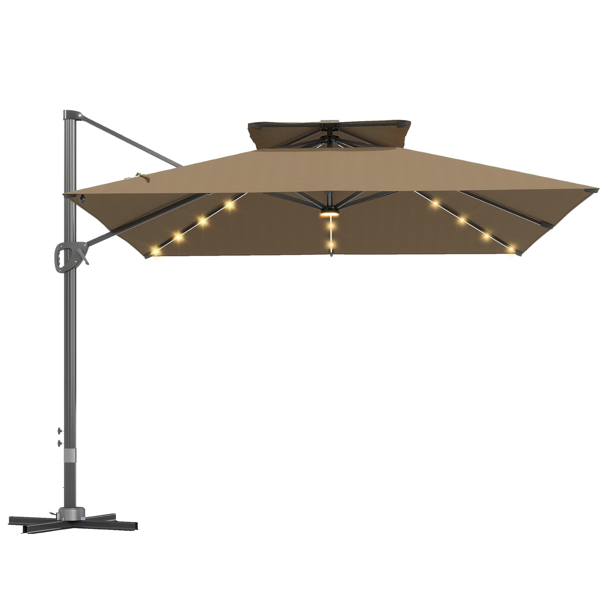 Outsunny 3.5x3 m Garden Cantilever Parasol with Solar LED Lights and Centre Light, Aluminium Large Square Patio Umbrella, UPF50+ Hanging Sun Shade with Cross Base, Crank Handle and Tilt, Khaki
