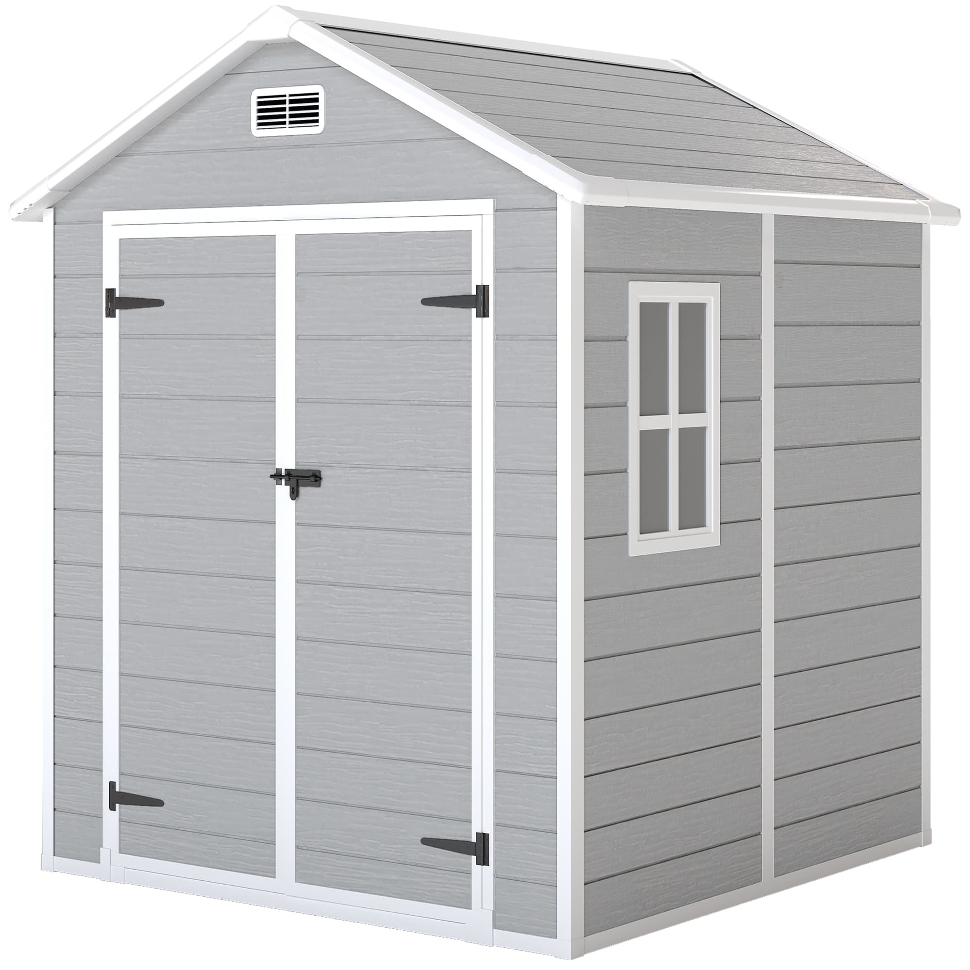 Outsunny 6 x 5ft Outdoor Shed with Lockable Doors, Air Vents & Floor, Wood Effect Resin Tool Shed for Storage, Light Grey | Aosom UK