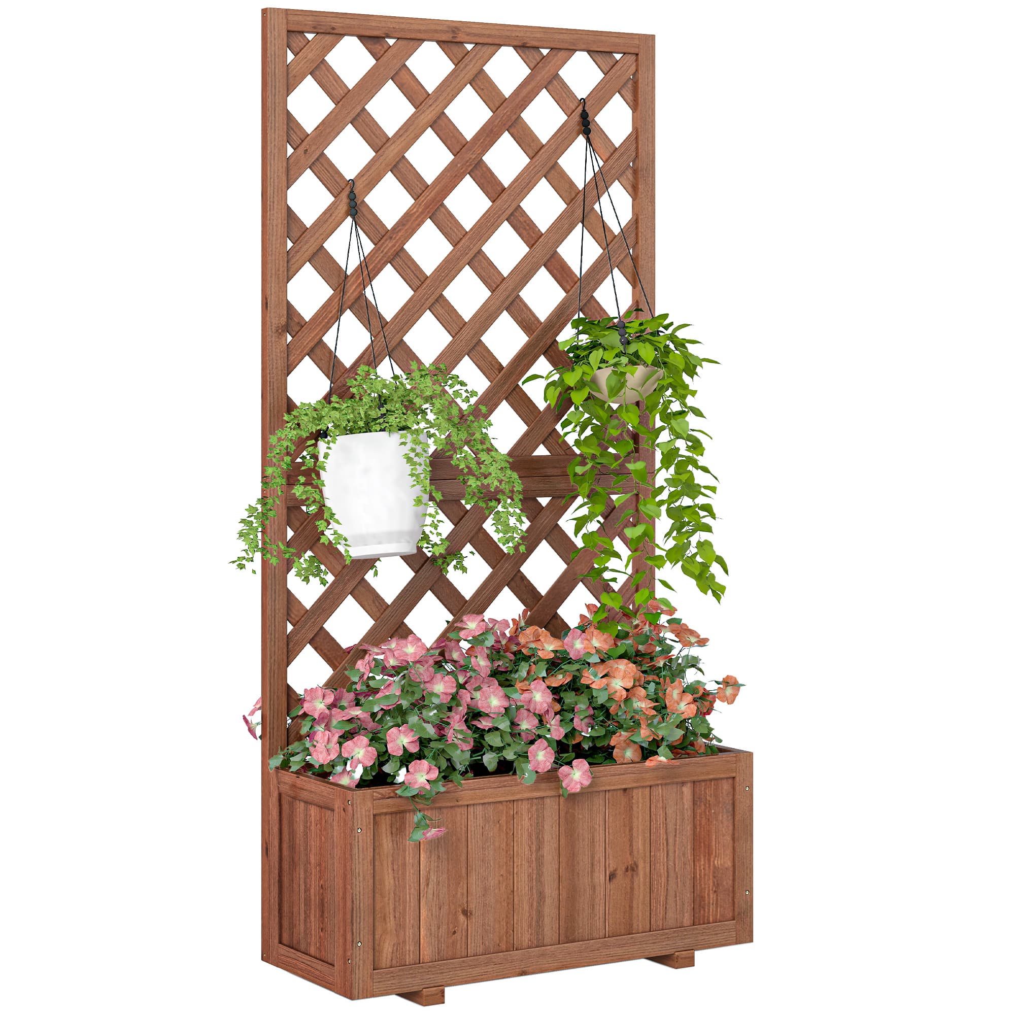 Outsunny Garden Wooden Pine Trough Planter with Topped Trellis Climbing Plants Flower Raised Bed | Aosom UK