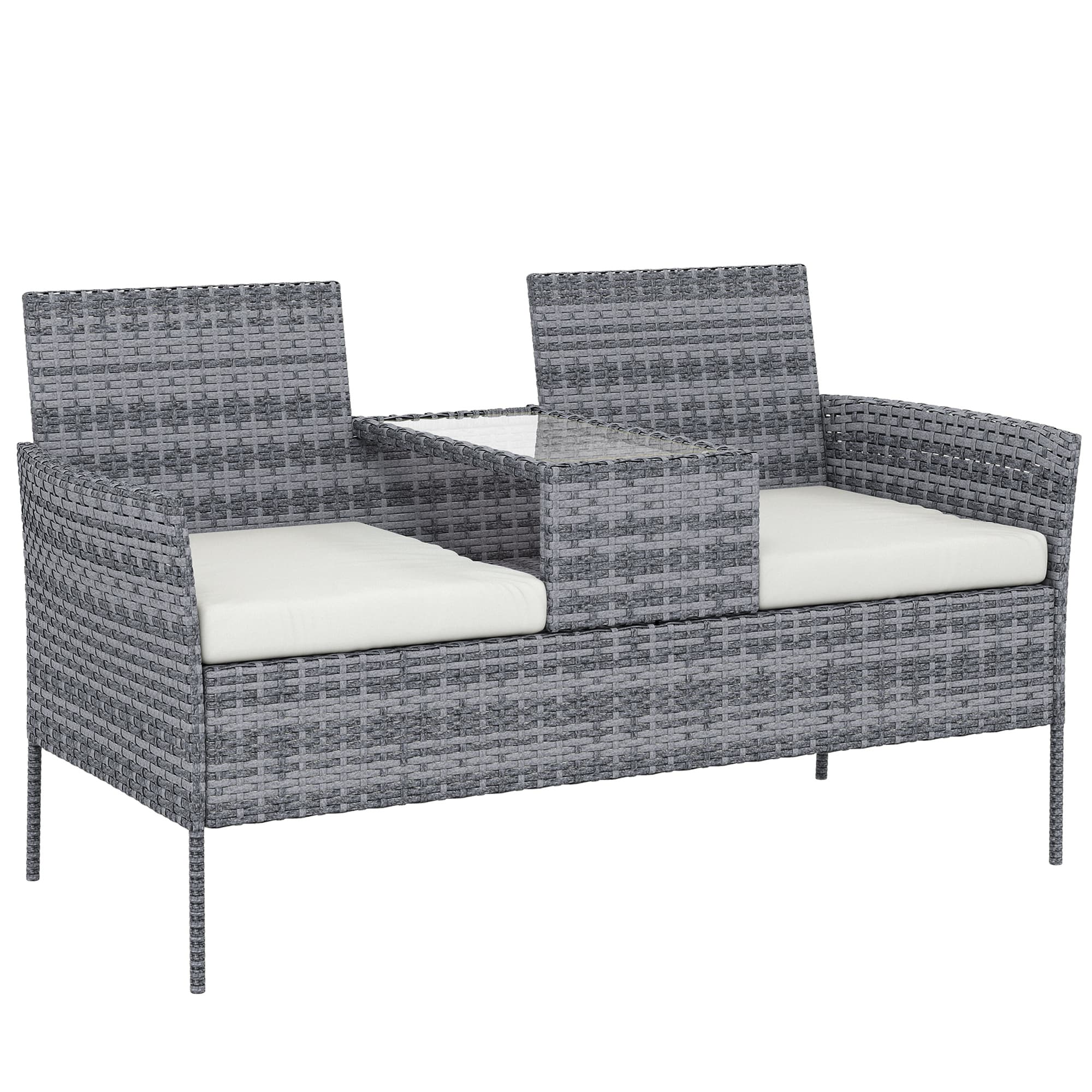 Outsunny Garden Loveseat 2 Seater Rattan Chair for Garden Outddor, with Glass-top Middle Table, Padded Cushions, Grey | Aosom UK