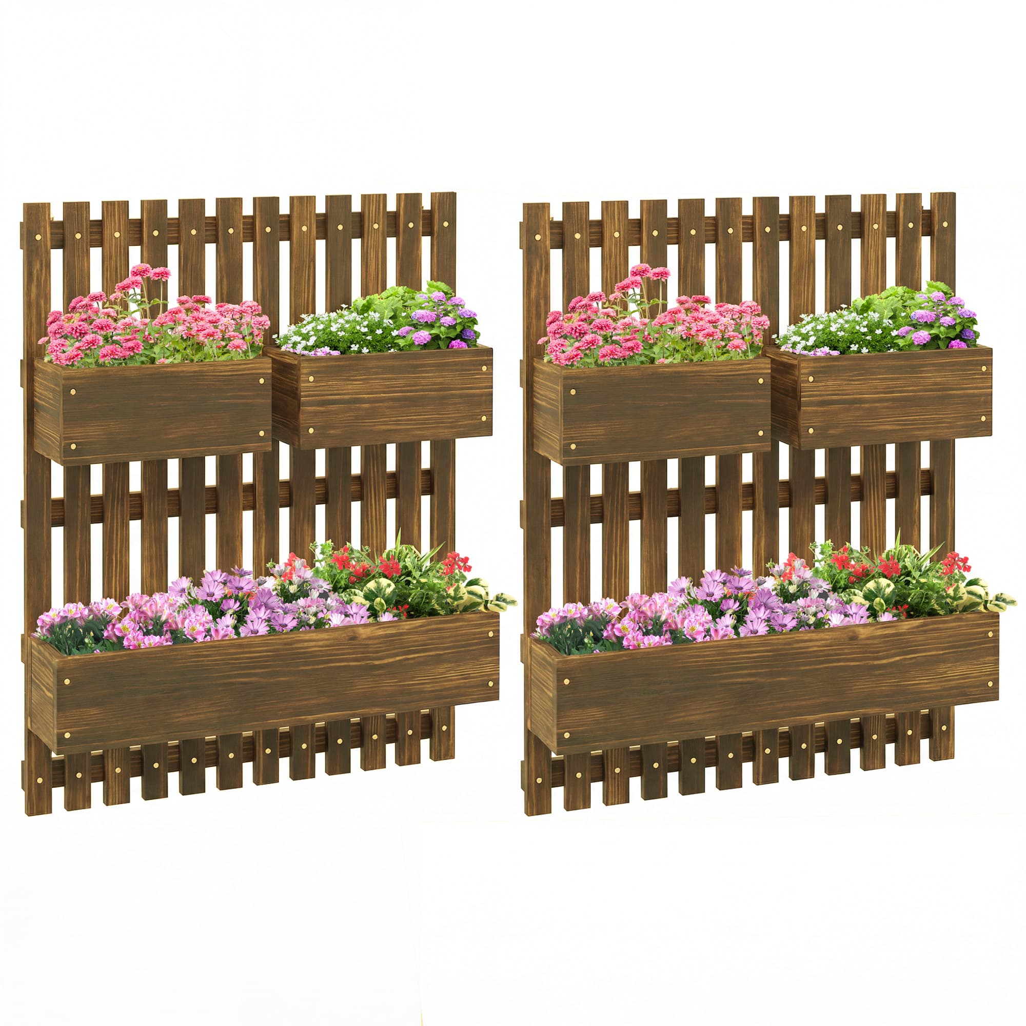 Outsunny Set of 2 Wall-mounted Wooden Garden Planters with Trellis, Drainage Holes and Movable Planter Boxes for Patio, Carbonised