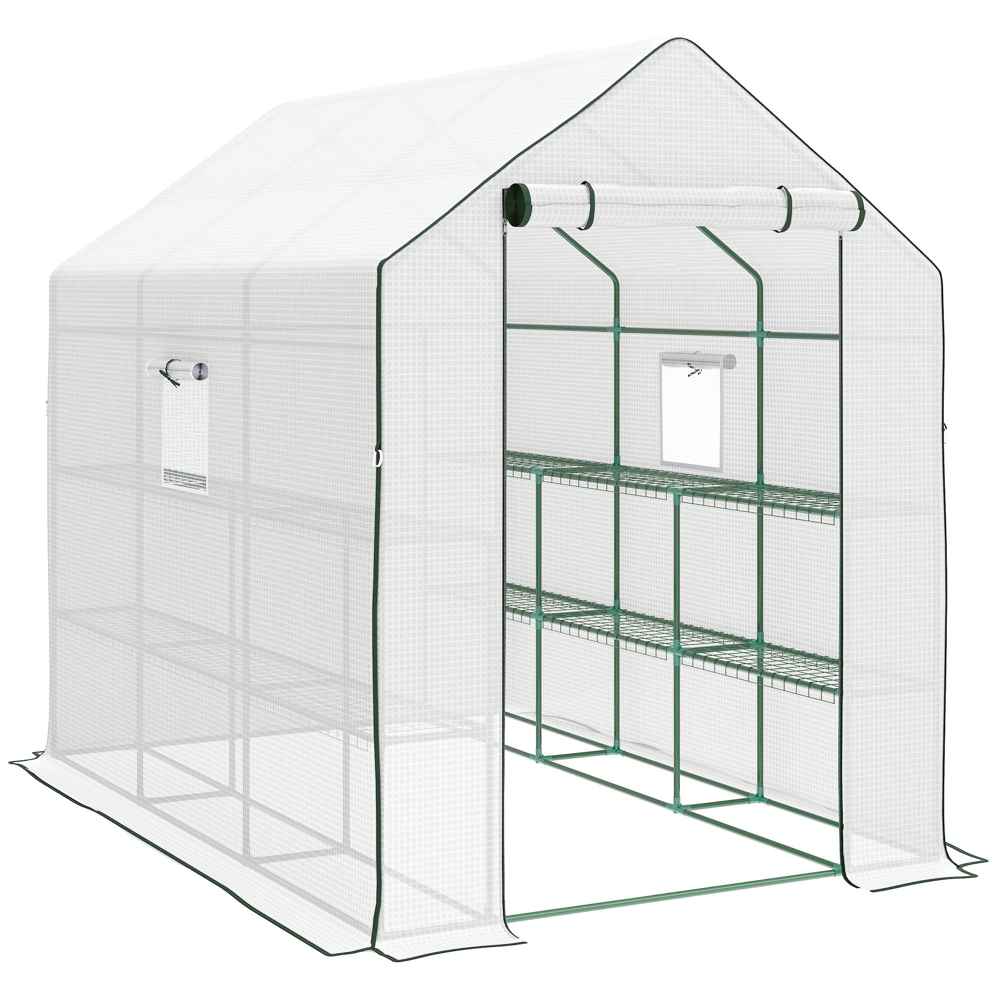 Outsunny Walking Greenhouse with PE Cover, 3 Tier Shelves, Roll-up Door & Mesh Windows, 1.4 x 2 x 1.9m, White | Aosom UK