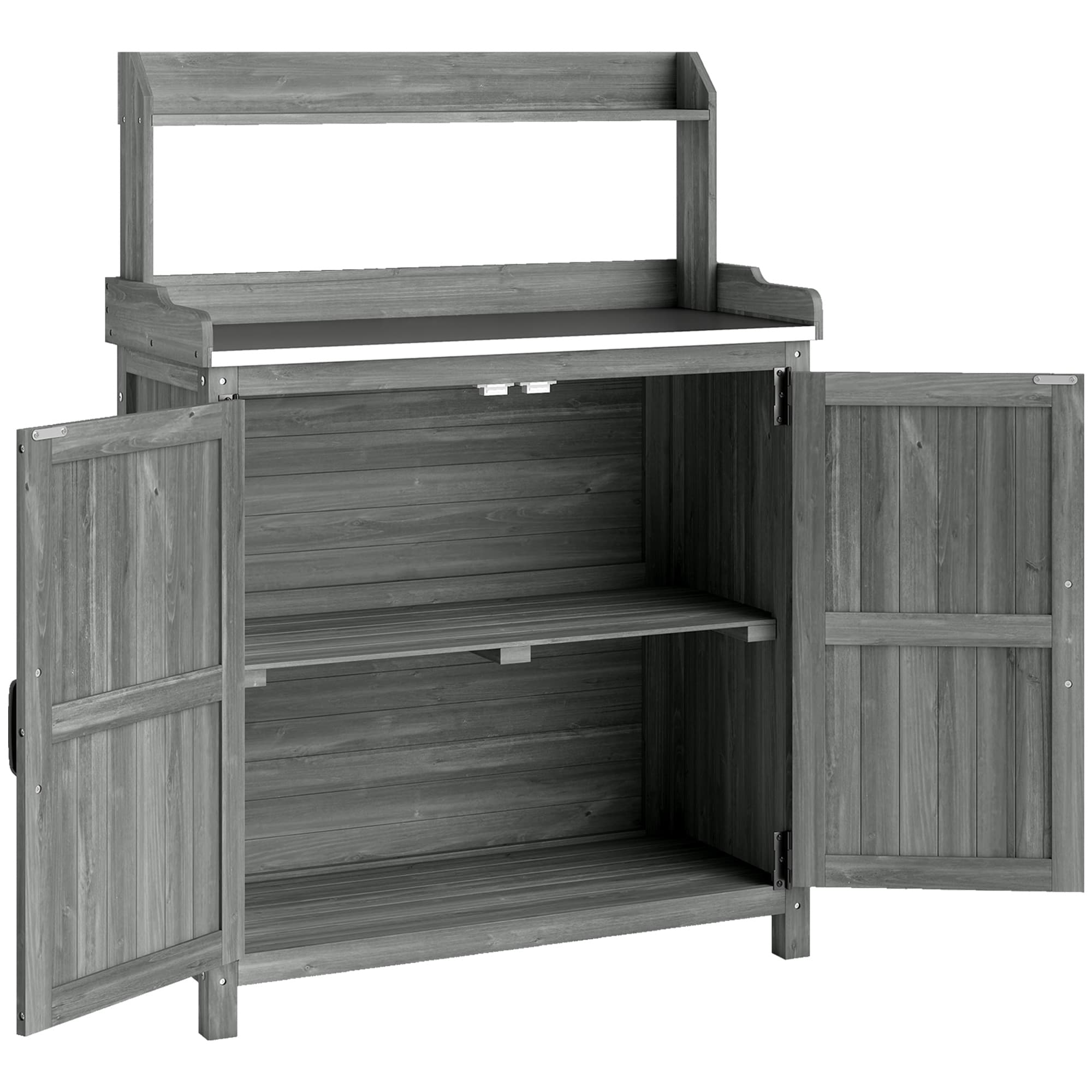 Outsunny Wooden Potting Bench Table with Aluminium Worktop, Outdoor Garden Workbench with Top Shelf and Cabinet Storage