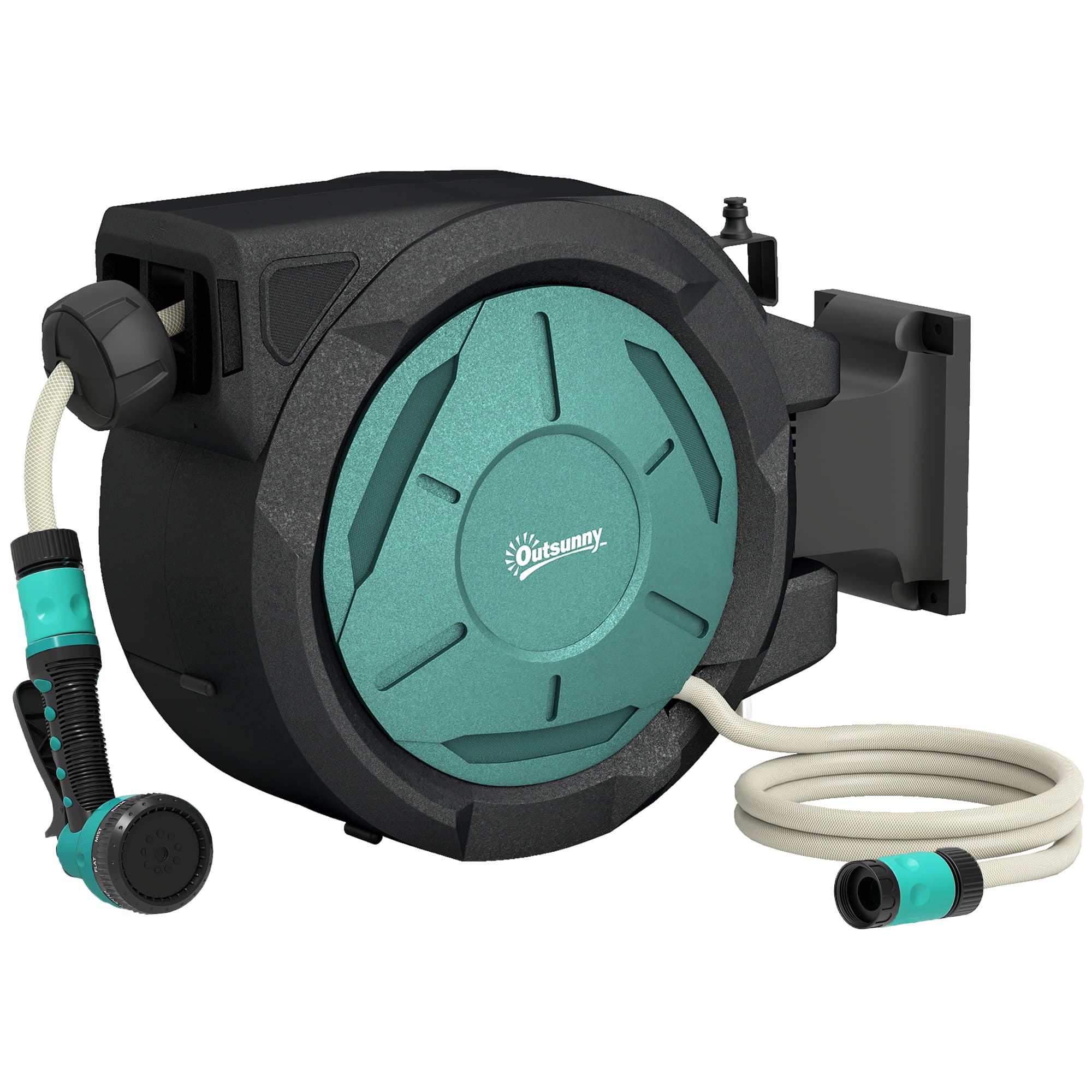 Outsunny Retractable Hose Reel Wall Mounted, 20+2m Garden Hose Pipe Reel with Lock, Auto Rewind, 7 in 1 Spray Nozzle, Includes Wall Fixings, 180° Swivel, Outdoor Watering, 59 x 20 x 39 cm, Black