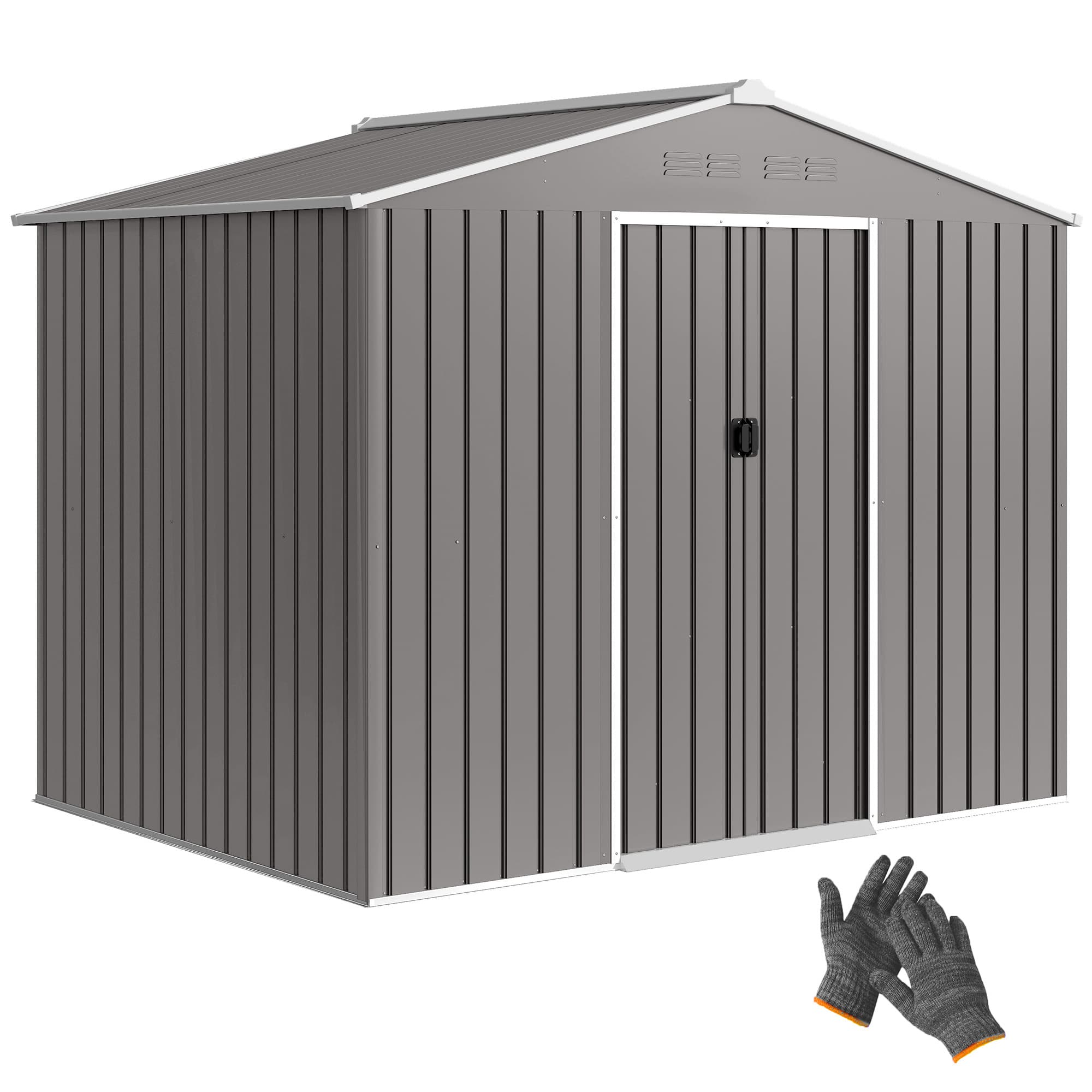 Outsunny 8 x 6ft Galvanised Steel Shed, with Double Door - Light Grey | Aosom UK