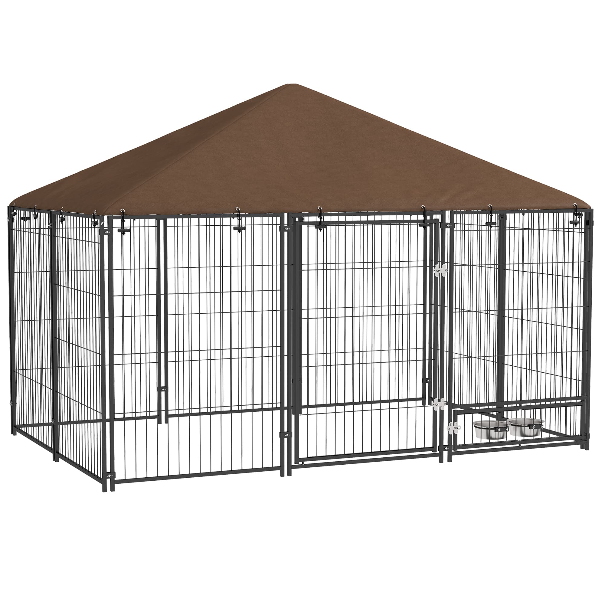 PawHut Outdoor Dog Kennel Puppy Play Pen with Canopy Garden Playpen Fence Crate Enclosure Cage Rotating Bowl 211 x 141 x 151 cm | Aosom UK