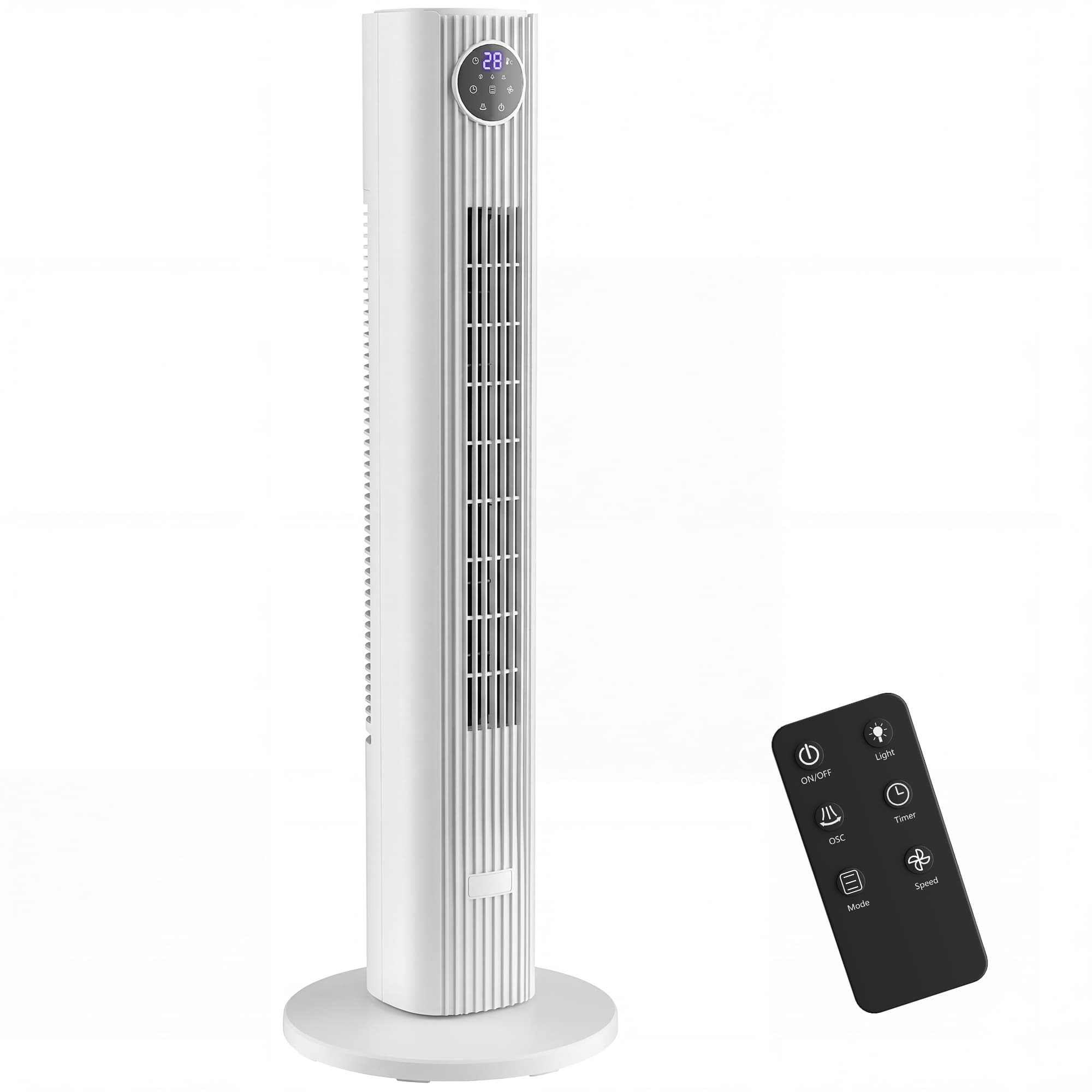 HOMCOM 28dB Tower Fan for Bedroom, 26 ft/s Velocity Standing Cooling Fan with 80° Oscillating, 12 Speeds, LED Display, 4 Modes, 12H Timer, Remote Control, 36 inch, White