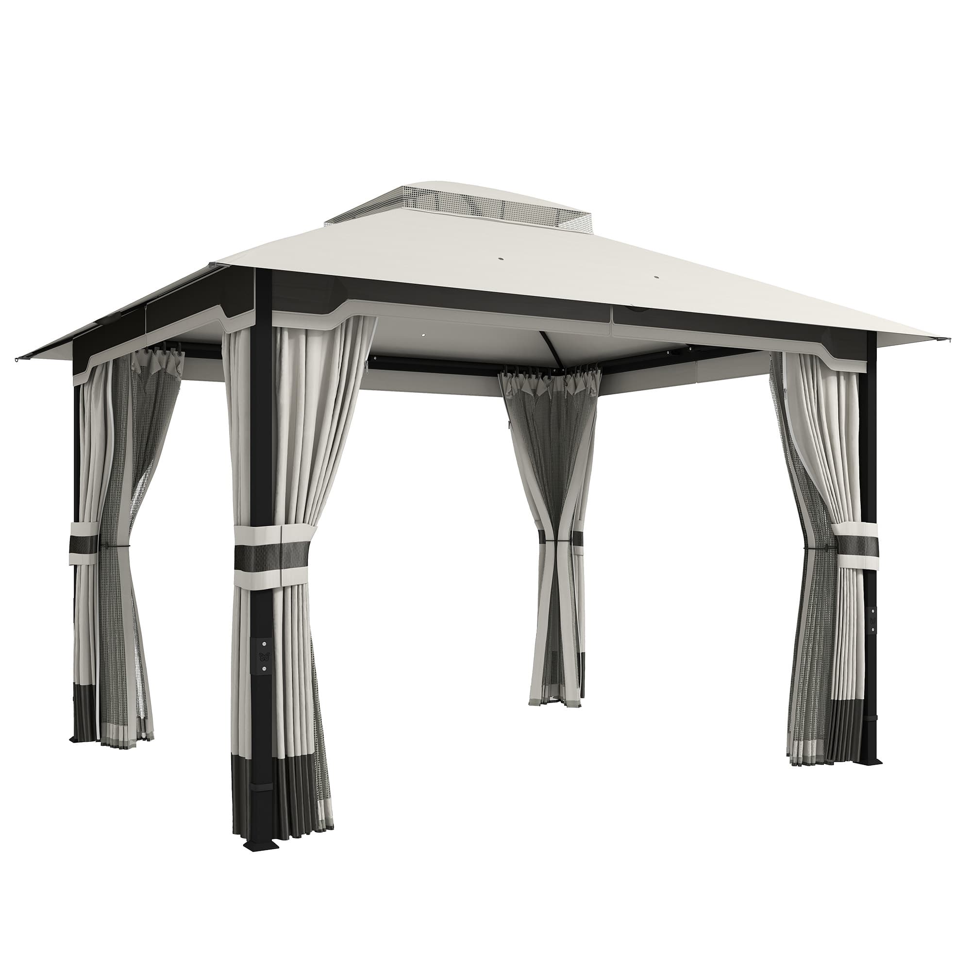 Outsunny 3 x 3.6 m Outdoor Garden Gazebo with Netting and Curtains, Double Roof Patio Gazebo Permanent Pavilion, Light Grey