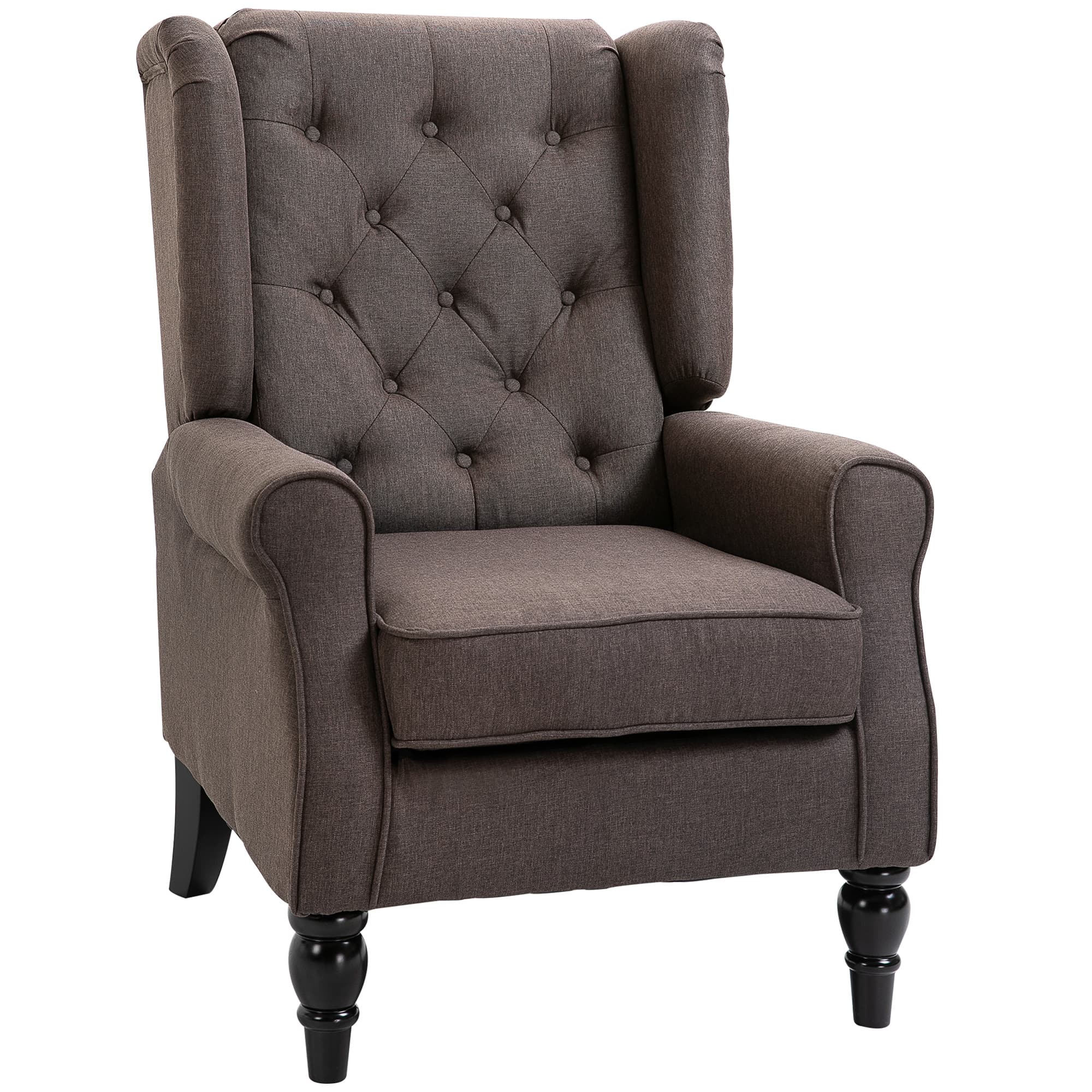 HOMCOM Wing Back Armchair with 160kg Capacity Wingback Upholstered Button Tufted Chair for Living Room Bedroom, Brown | Aosom UK
