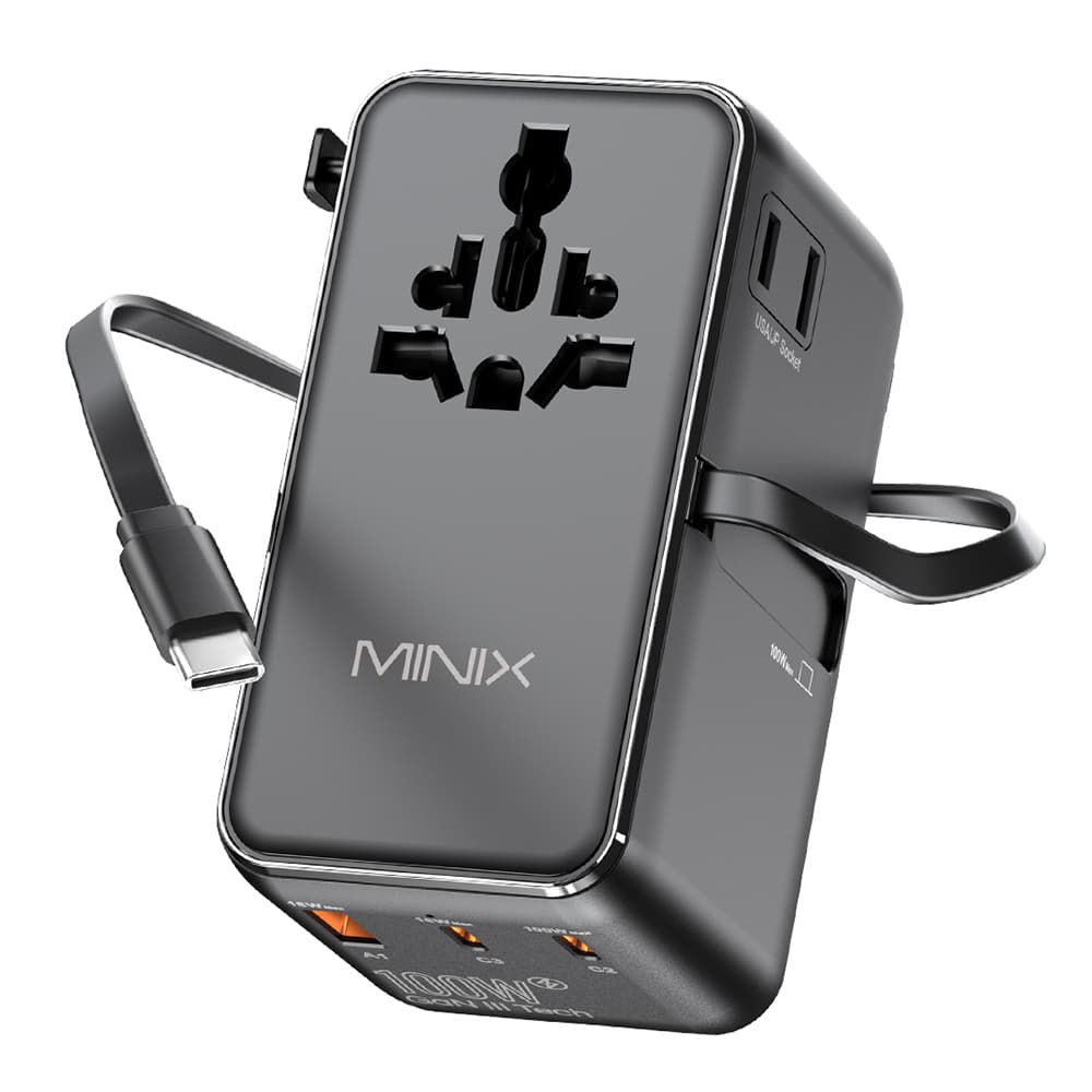 Uniwersalny adapter podróżny MINIX TP100C z chowanym kablem USB-C o długości 63 cm