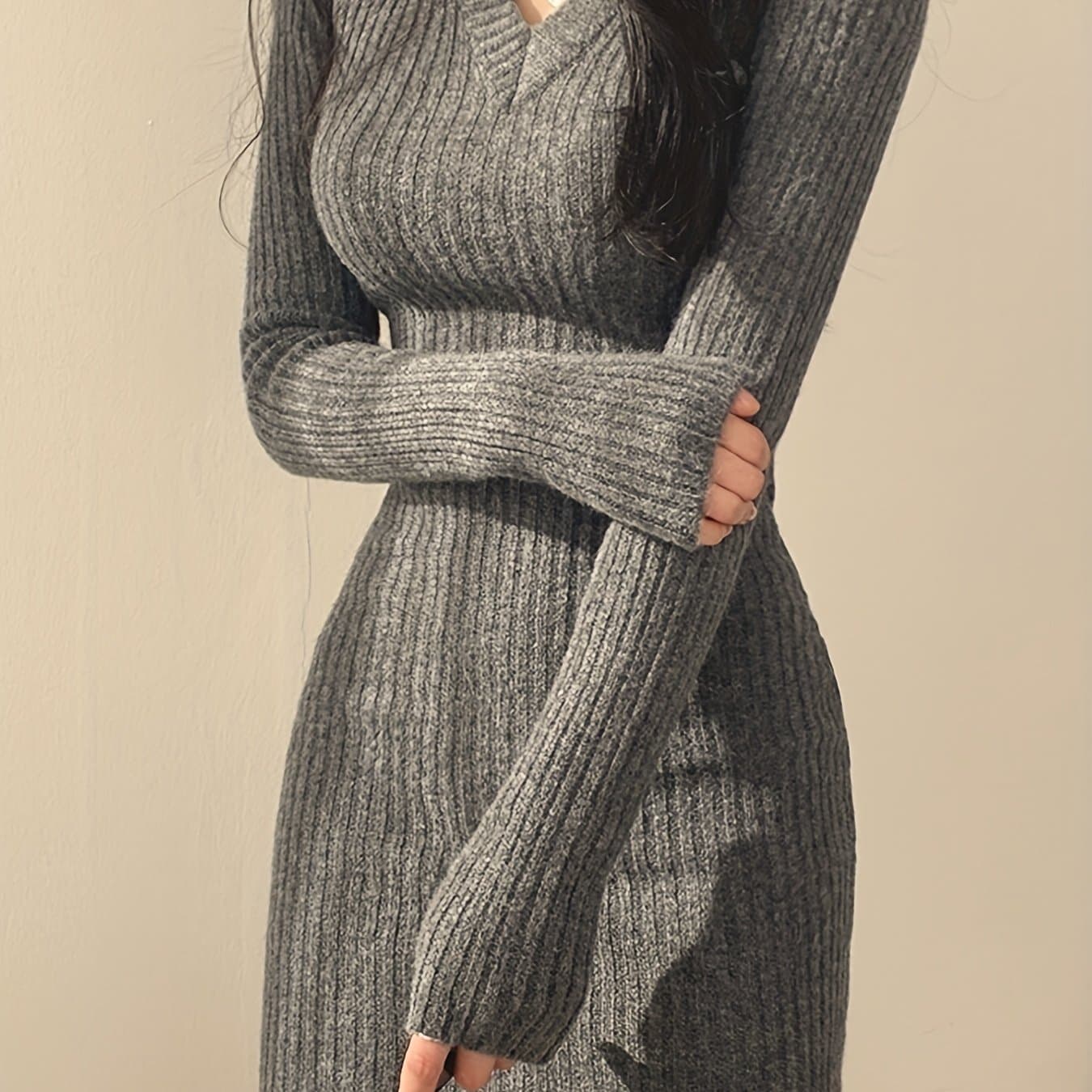TEMU Solid Knit Sweater Dress, Elegant V Neck Long Sleeve Bodycon Dress For Fall & Winter, Women's Clothing
