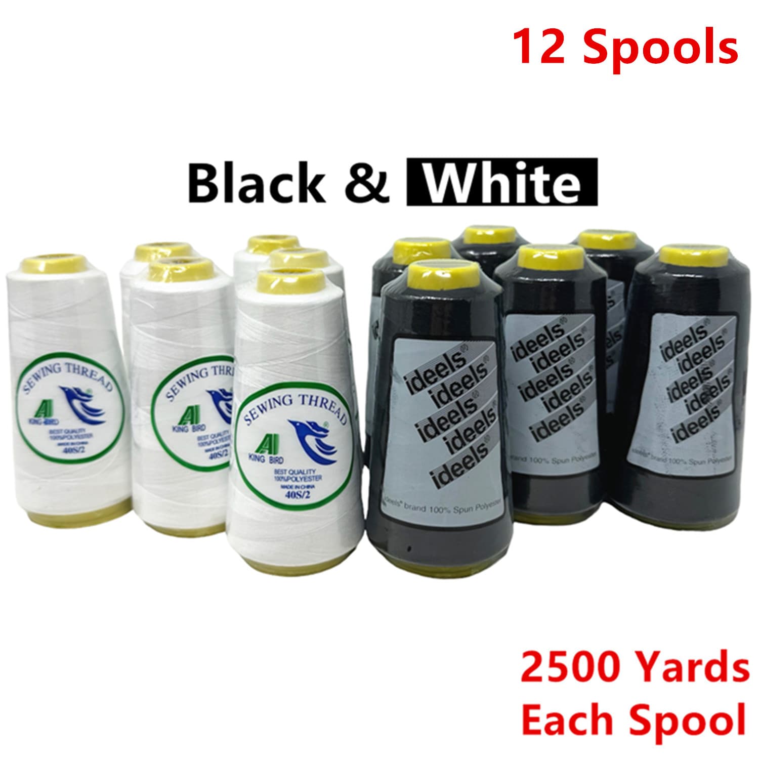 TEMU 12 Large Spools Of Sewing Thread – 6 White & 6 Black Polyester Thread, 2500 Yards Each, Total 30,000 Yards – Heavy Duty For Machine Or Hand Sewing, Quilting, Serger, Embroidery