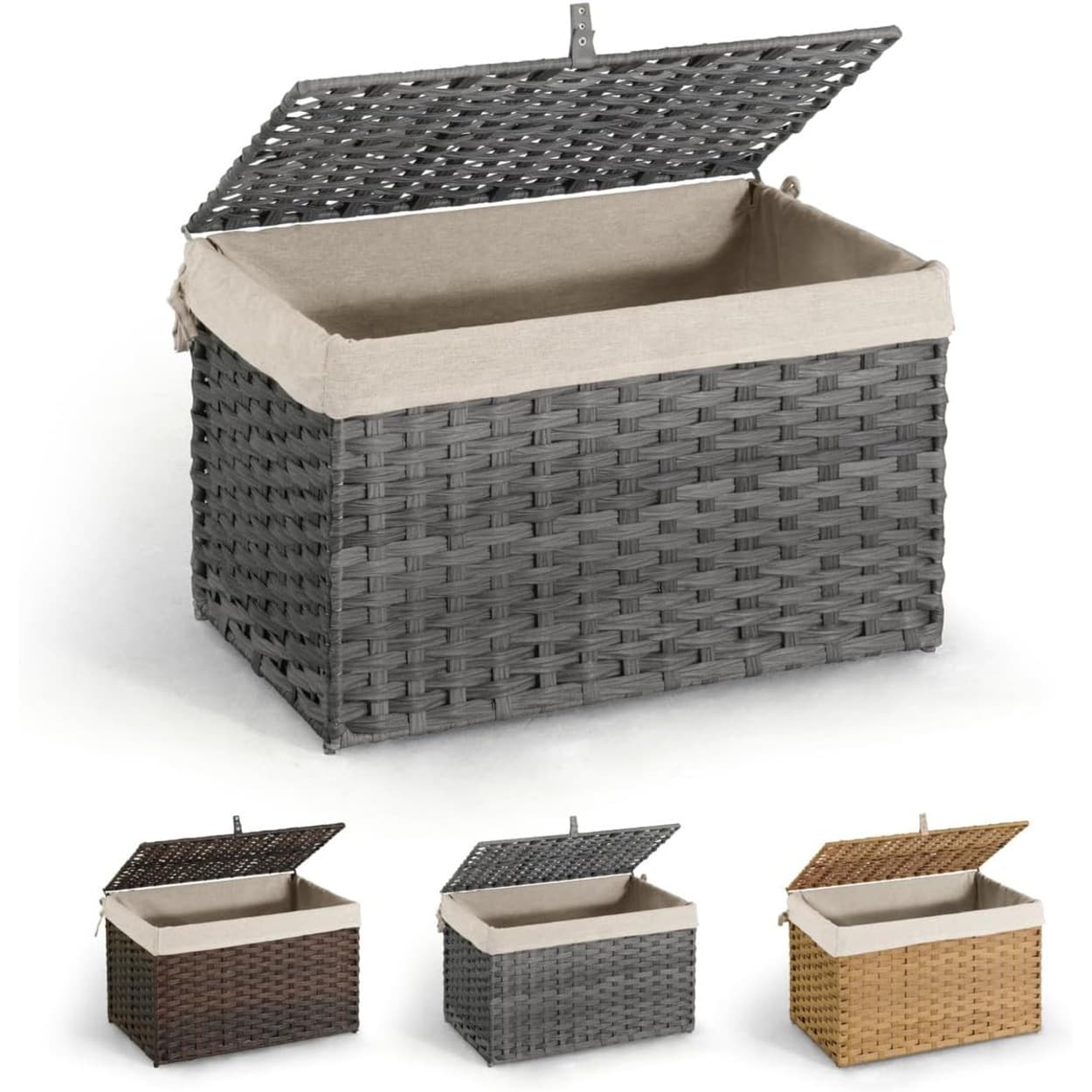 TEMU 105l Synthetic Rattan Storage Basket W/lid, Basket W/handles, Laundry Basket W/lid, 2 Liner Bags, For Laundry, Bedroom, Rattan Laundry Basket W/lid, Color Options