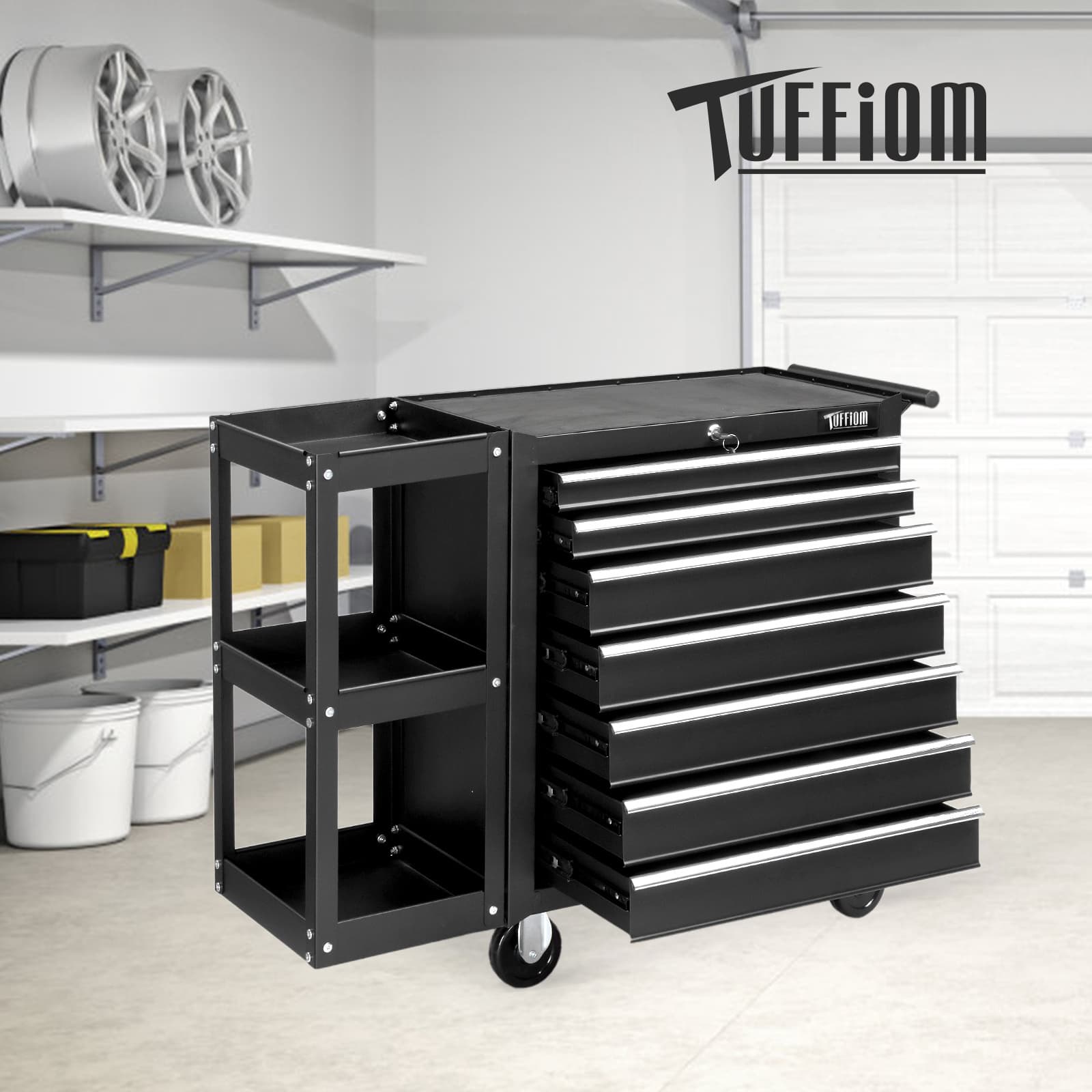 TEMU 7-drawer Rolling Tool Chest With Side Shelves, Tool Service Cart Storage Side Cabinet With Wheels, Top Cushion & Drawer Liners, Tool Organizer Box For Garage, Warehouse &